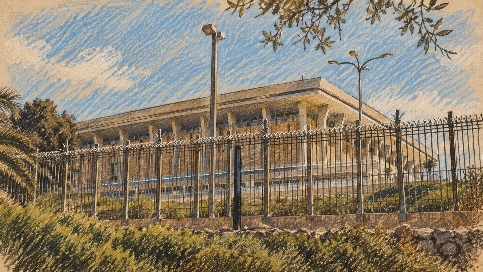 Courtroom-sketch editorial illustration of an archival Knesset exterior behind a fence with shrubs, light poles and tree branches