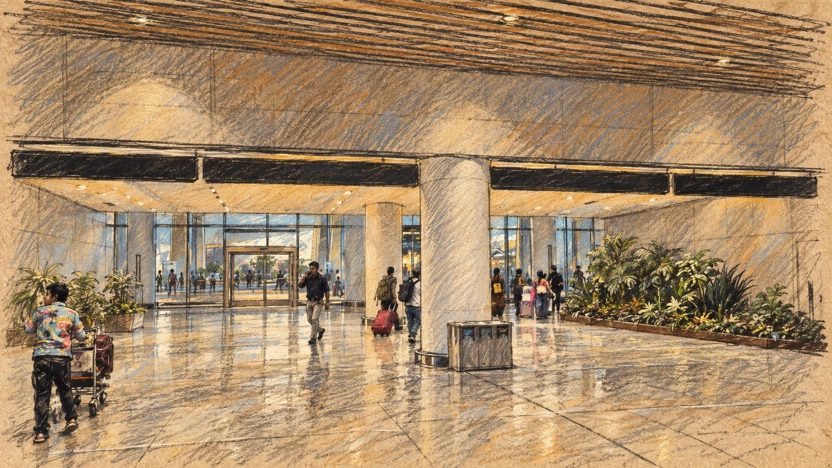Courtroom-sketch editorial illustration of an archival May 2026 view of the Navi Mumbai airport concourse, with passengers, luggage, a central column and a planted island, rendered in warm ochre and slate-blue pastel strokes.
