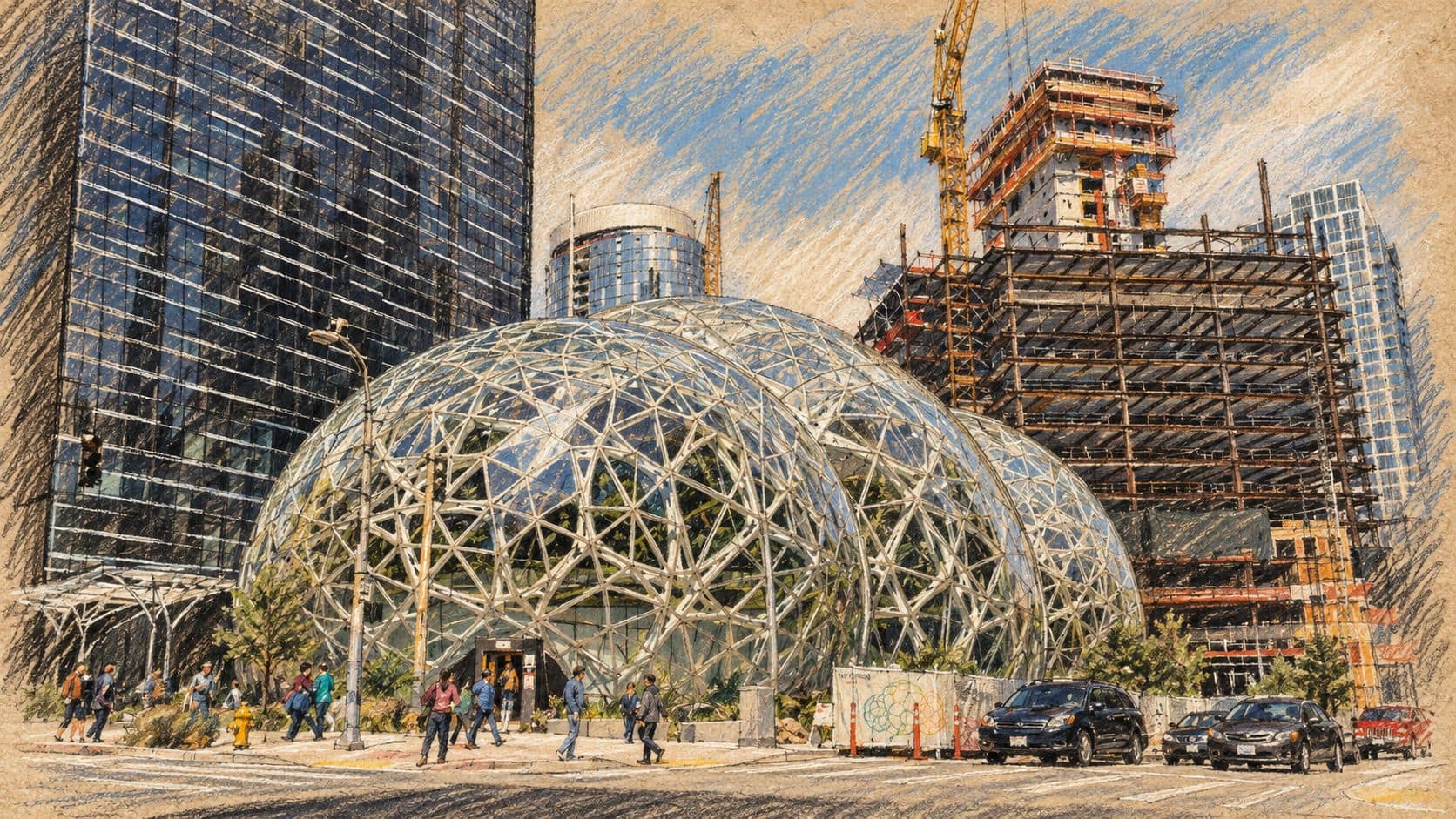 Courtroom-sketch editorial illustration of Amazon Spheres and surrounding office buildings in Seattle