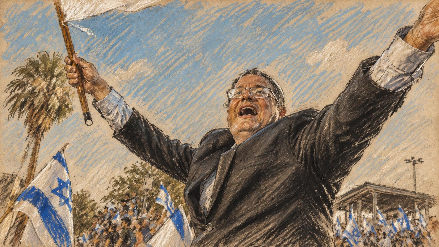 Courtroom-sketch editorial illustration of an archival June 2021 portrait of Itamar Ben Gvir raising his arms and holding a flagpole in Jerusalem amid Israeli flags; contextual portrait rather than a depiction of his October 2026 radio interview.