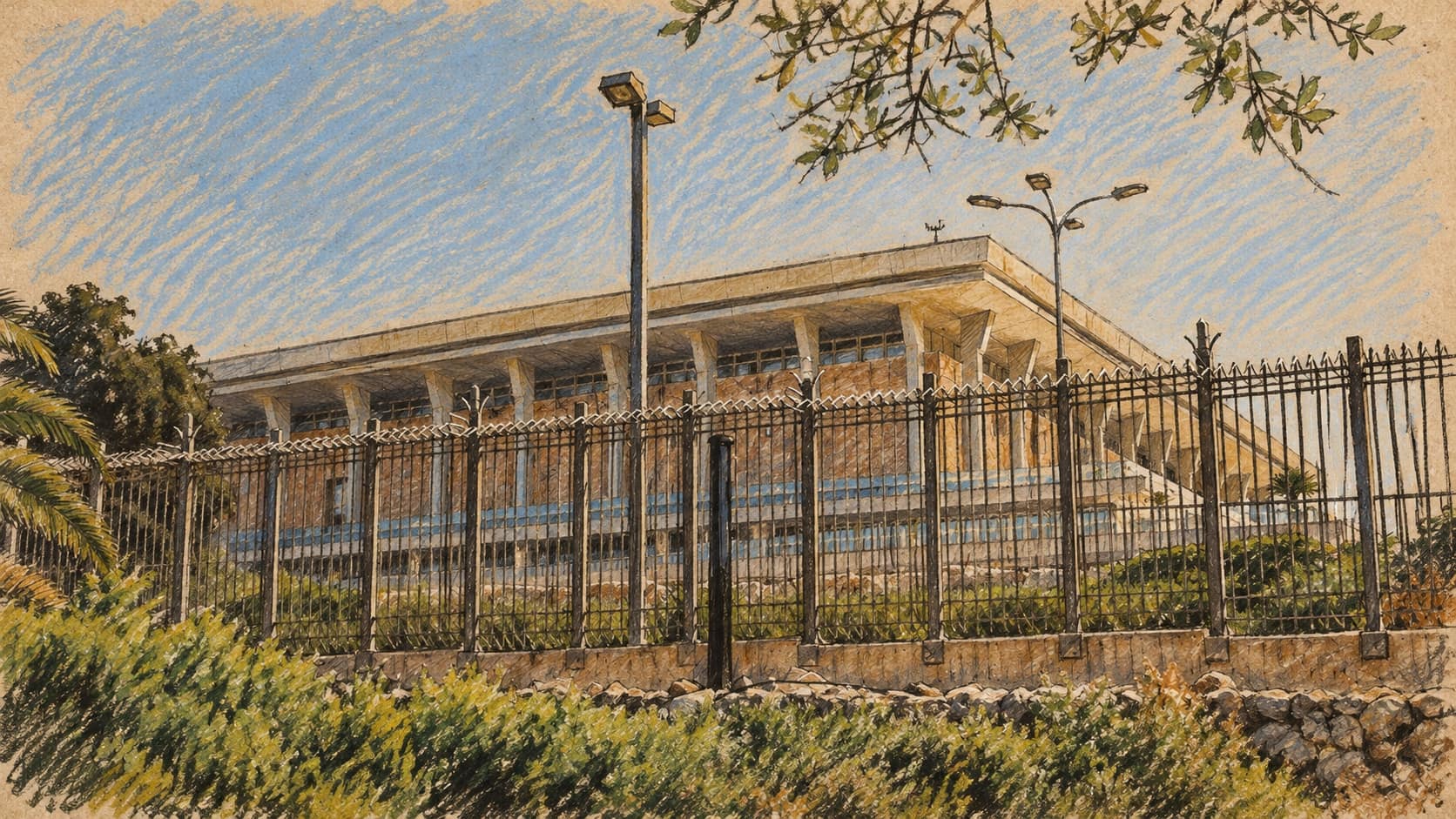 Courtroom-sketch editorial illustration of an archival 2018 view of the Knesset building behind a fence and green shrubs, providing parliamentary context for the request over Ofer Cassif’s legal-defense funding