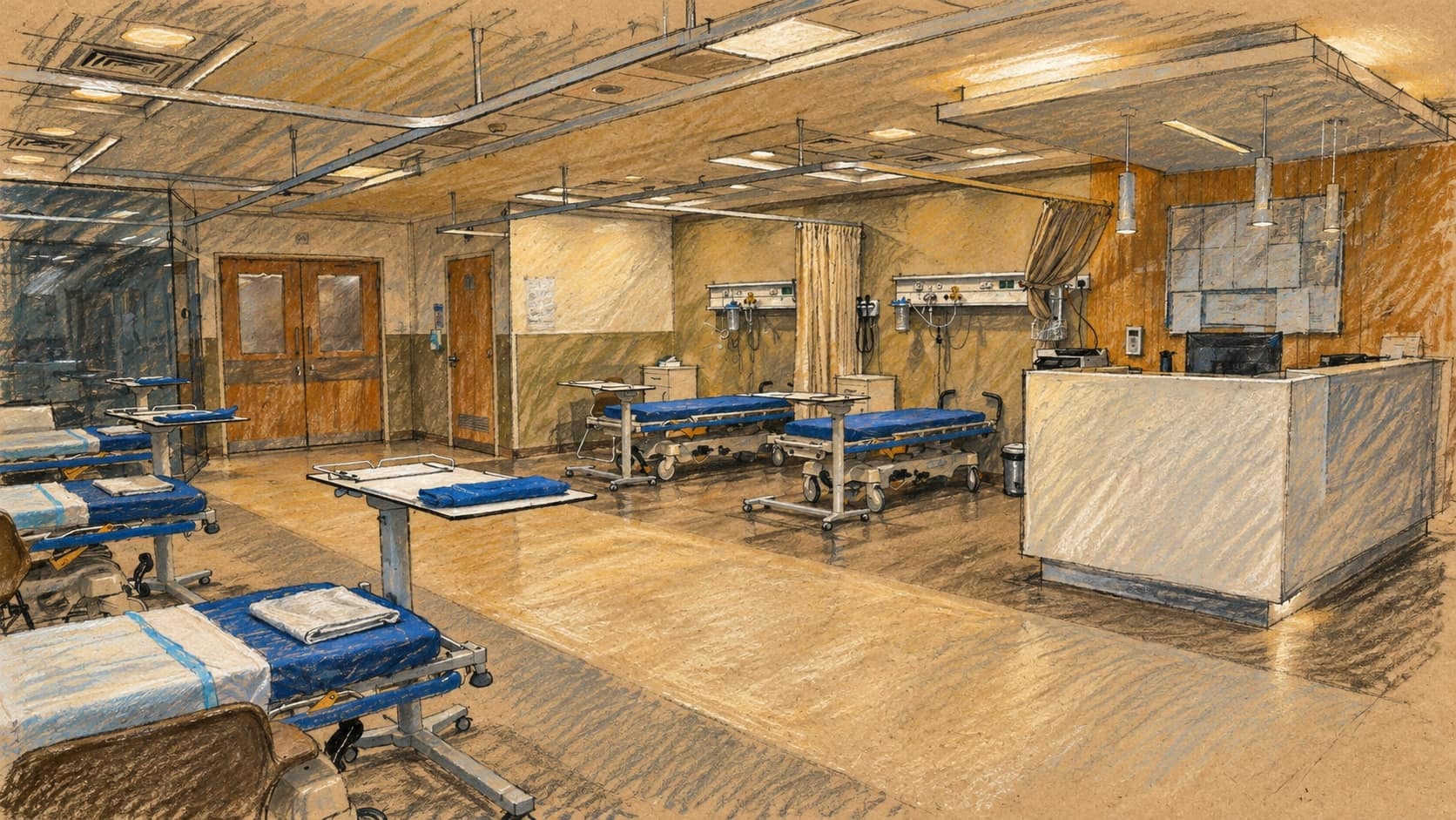 Courtroom-sketch editorial illustration of an archival empty hospital endoscopy unit with treatment beds and a nurses station, providing clinical context for minimally invasive treatment.