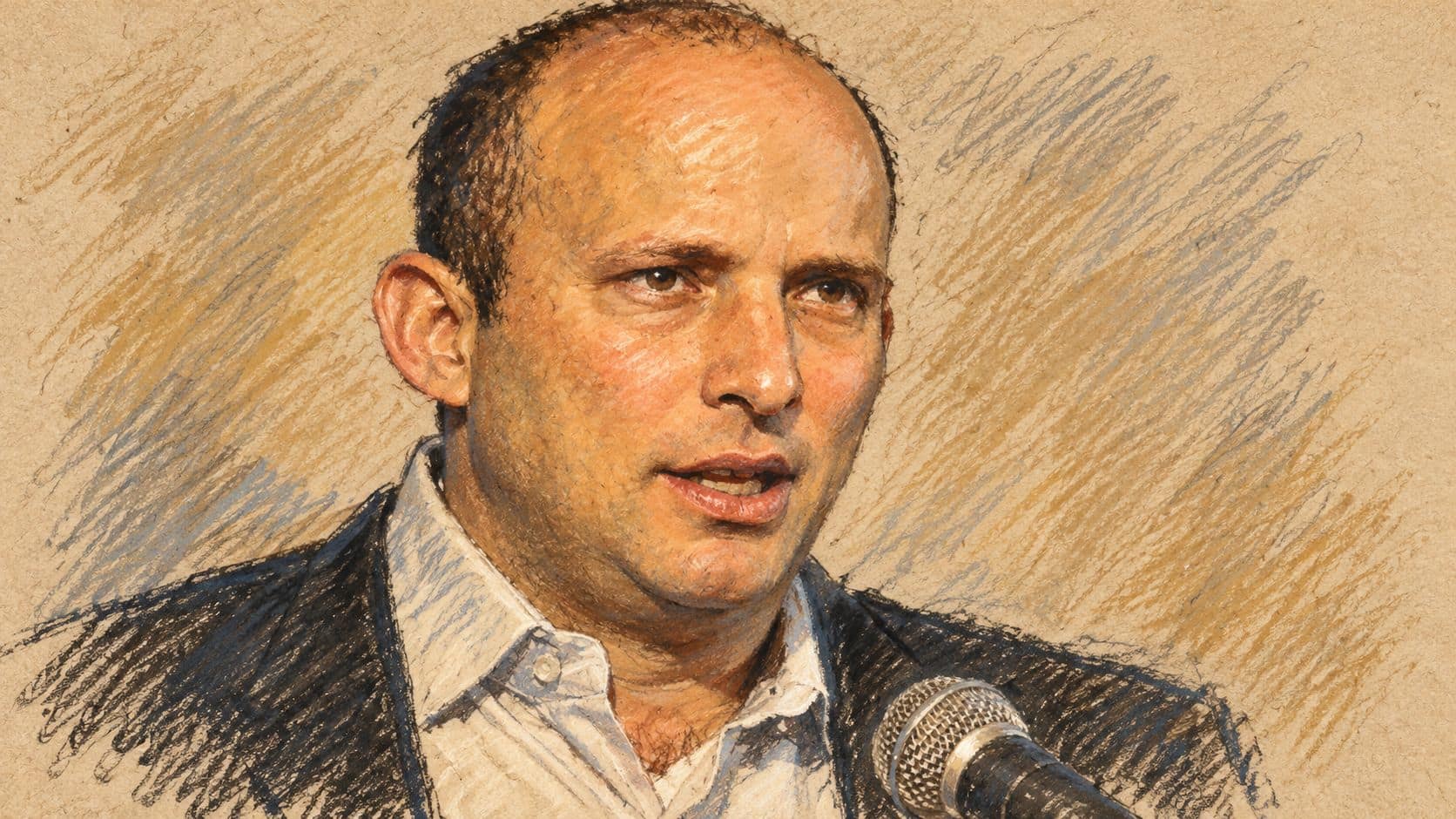 Courtroom-sketch editorial illustration of an archival 2015 close-up portrait of Naftali Bennett with a microphone, providing context for questions about his premiership; does not depict the October 2026 statement.