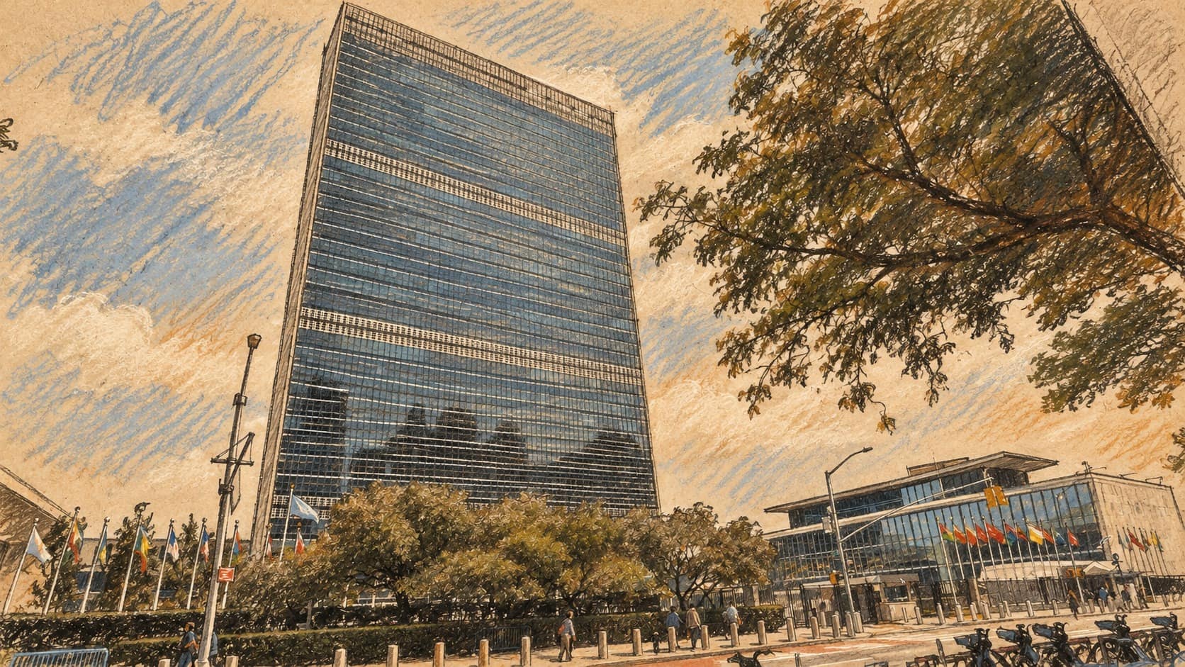 Courtroom-sketch editorial illustration of the United Nations headquarters exterior in New York, based on an archival June 2023 photograph; contextual architecture rather than the new statement.