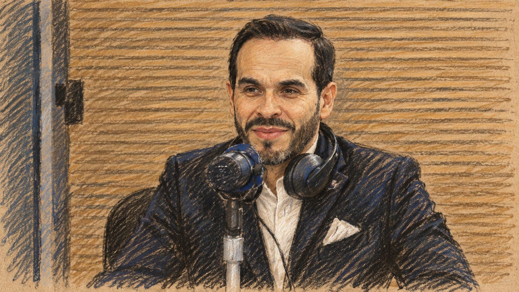 Courtroom-sketch editorial illustration of an archival May 2026 interview showing Abelardo de la Espriella in a dark blazer and white shirt, with headphones around his neck and a microphone before tan acoustic panels; contextual portrait, not the October 12 address or October 14 protests, rendered in warm ochre and slate-blue pastel strokes.