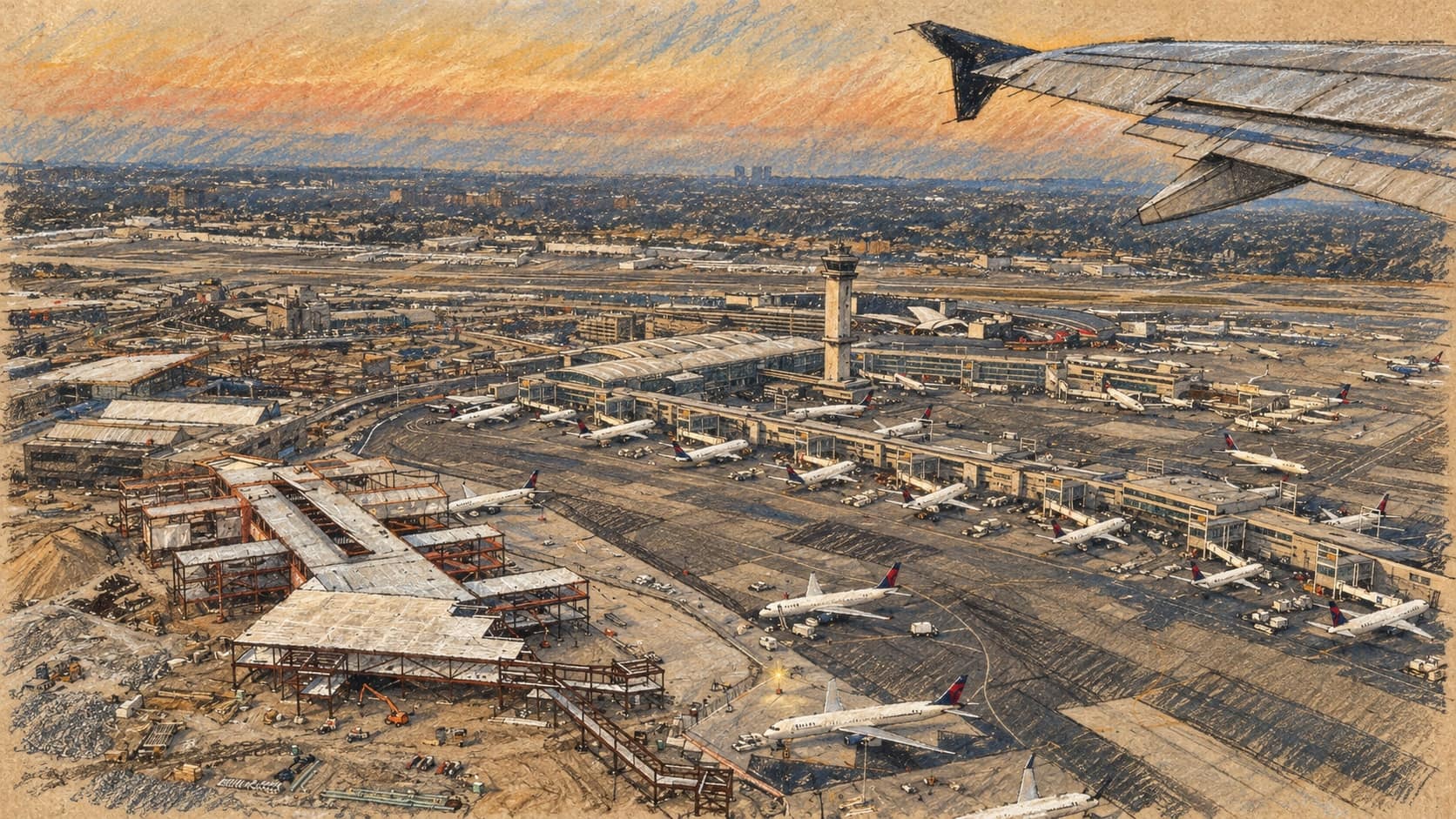 Courtroom-sketch editorial illustration of an archival aerial view of JFK Terminal 4 with passenger jets at gates and a wing overhead