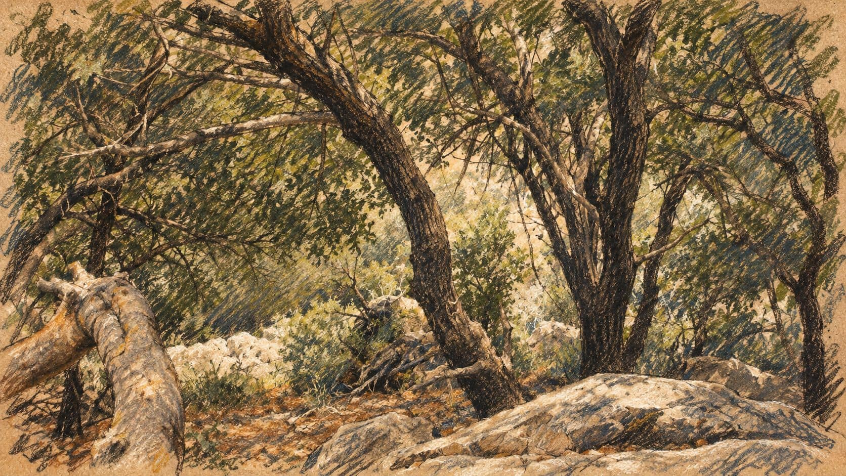 Courtroom-sketch editorial illustration of an archival Mediterranean forest in Galilee, shown as context for the school-hike safety review