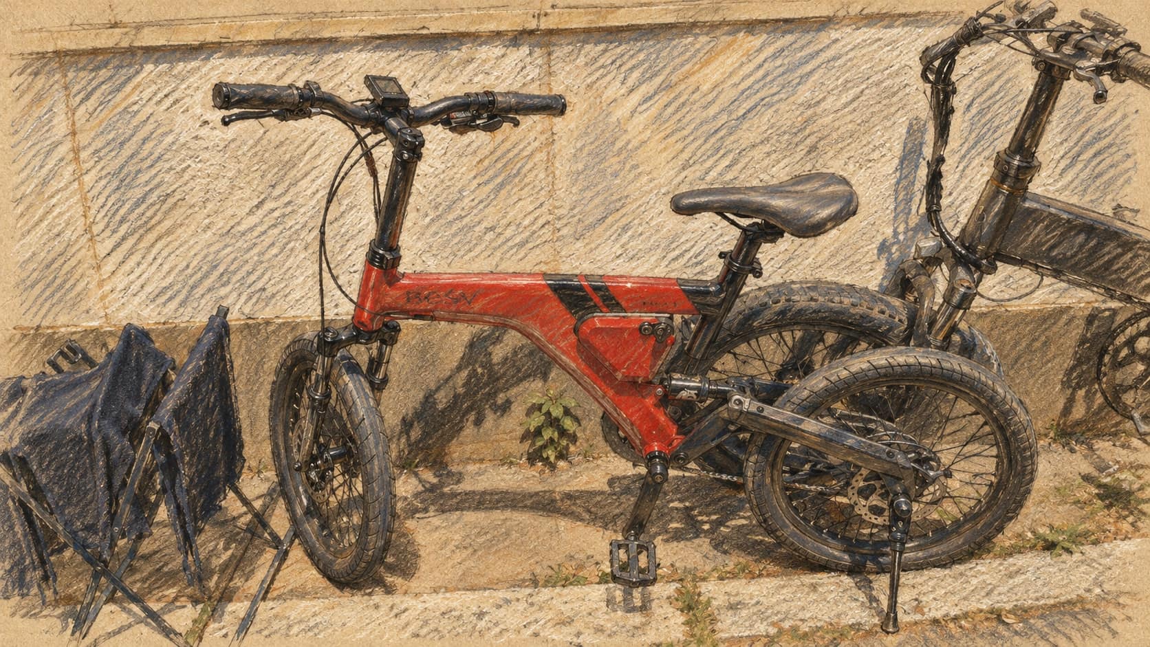 Courtroom-sketch editorial illustration of parked electric bicycles beside a wall, based on a contextual archival photograph; this scene does not depict the Petah Tikva collision.