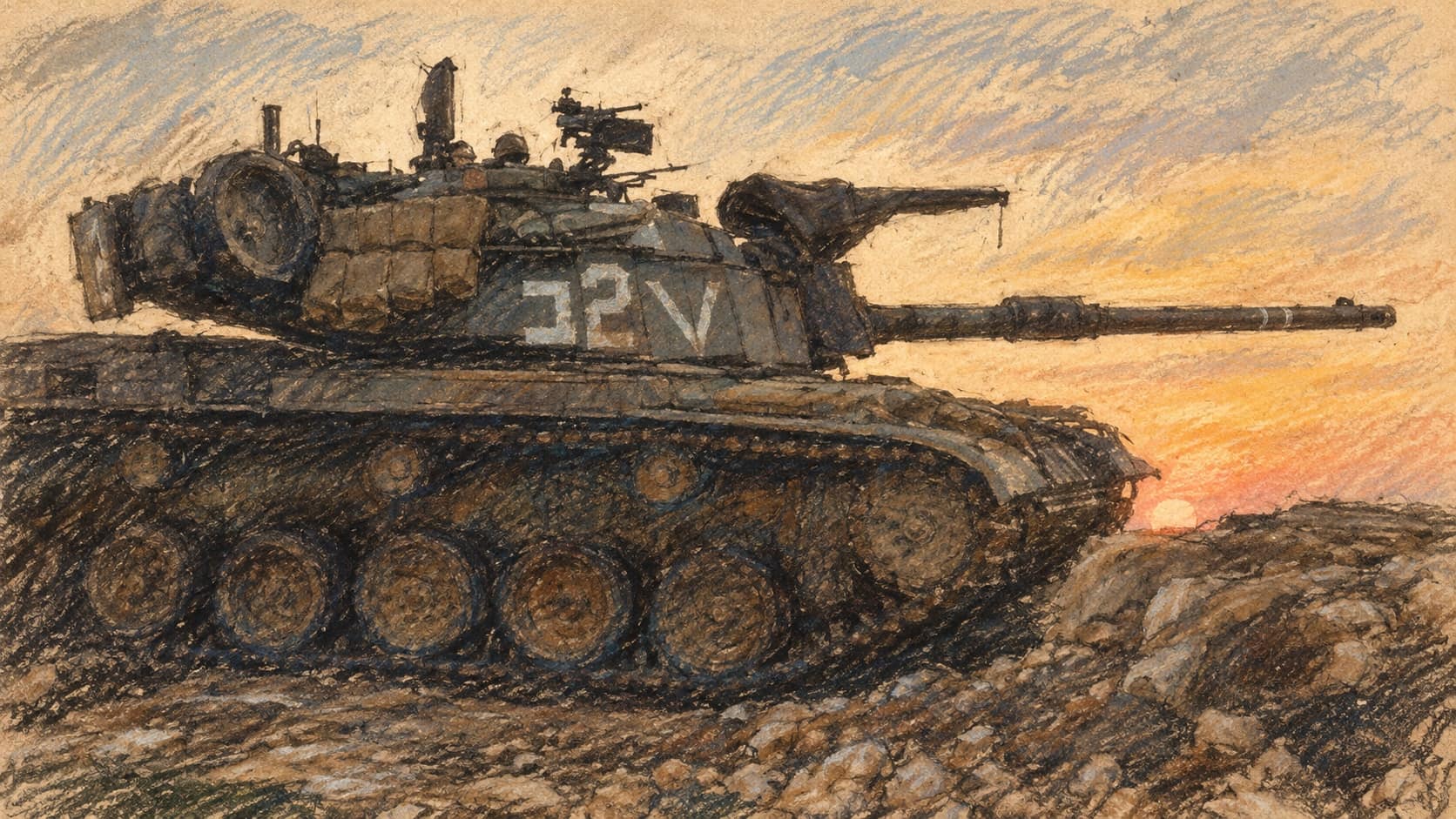 Courtroom-sketch editorial illustration of an archival Israeli Magach 6M tank on rocky ground at sunset, providing general armored-division context rather than depicting Sinai Division 252 or its change-of-command ceremony