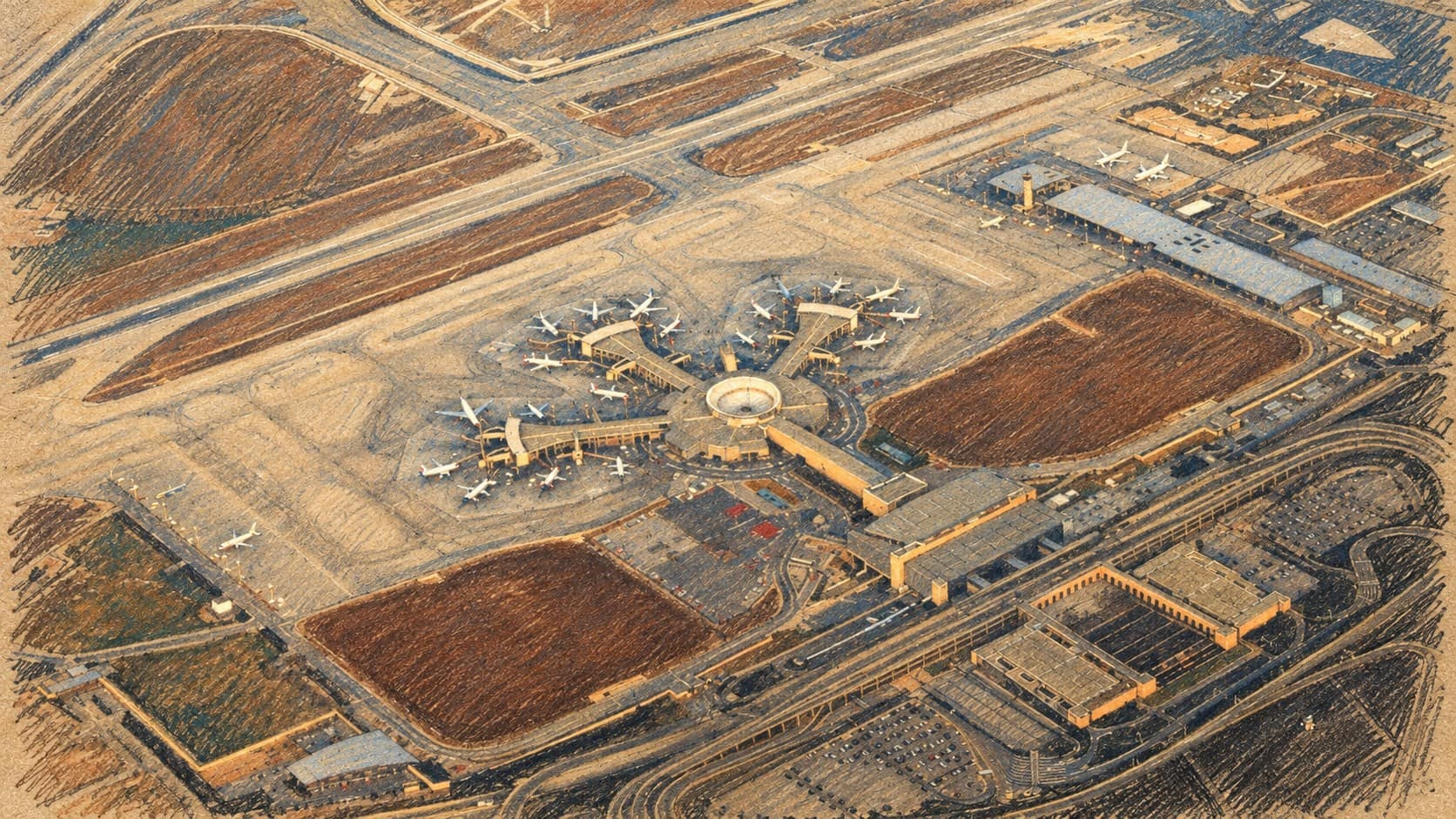 Courtroom-sketch editorial illustration of an archival aerial view of Ben Gurion Airport, showing terminal concourses, parked aircraft, runways and access roads