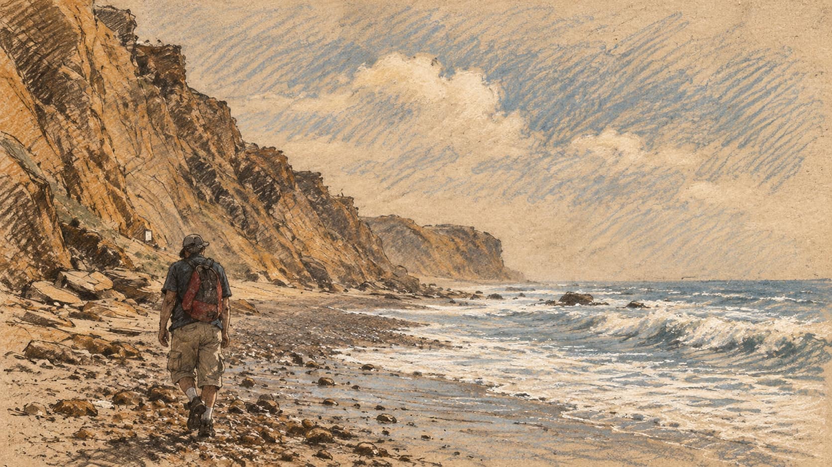 Courtroom-sketch editorial illustration of a rocky Mediterranean coastline between Netanya and Herzliya, with coastal cliffs, surf and a hiker seen from behind; an archival geographic view rather than the forecast weather.