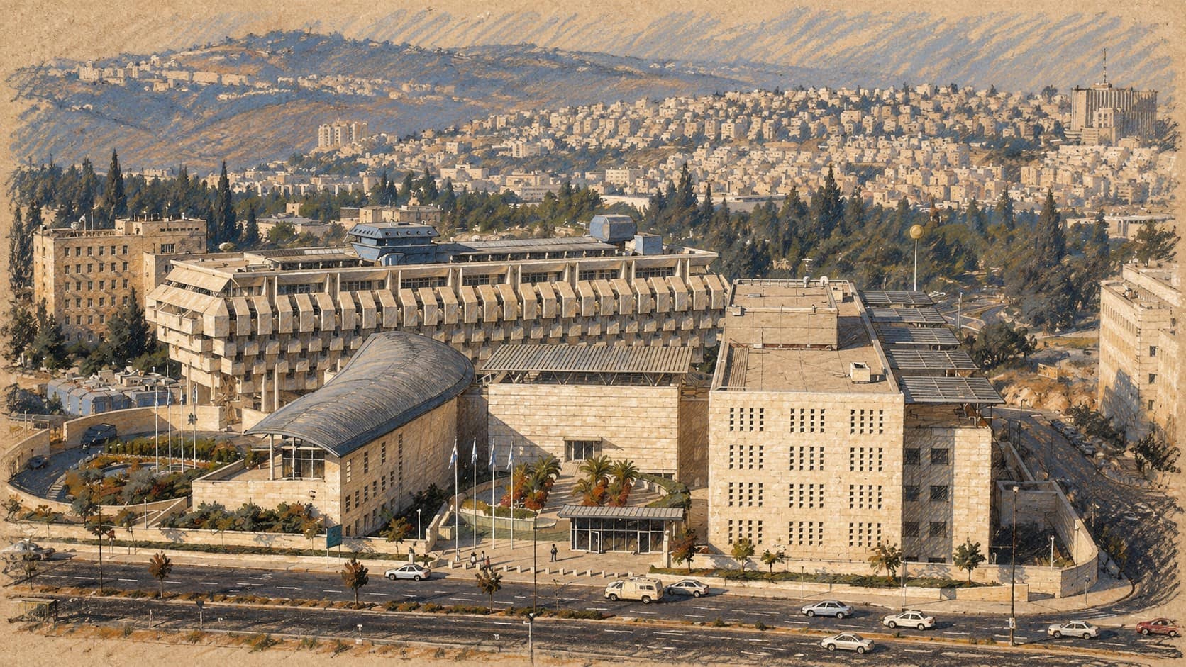 Courtroom-sketch editorial illustration of an archival July 2006 exterior of the Ministry of Foreign Affairs complex in Jerusalem, with the Bank of Israel building behind; contextual institution view, not the planned October 2026 embassy reception.