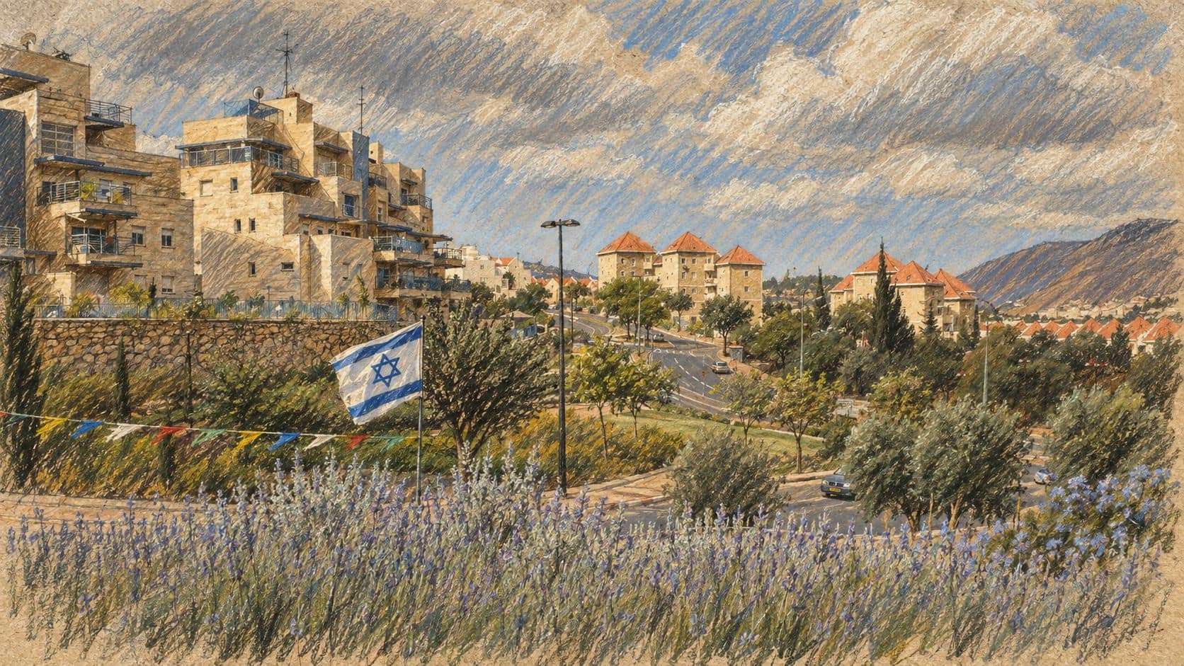 Courtroom-sketch editorial illustration of an archival October 2008 residential view of Karmiel’s Galil quarter from the Family park, with apartment buildings, gardens, an Israeli flag and Galilee hills; nearby regional context, not the Ba’ana shooting or the home involved.