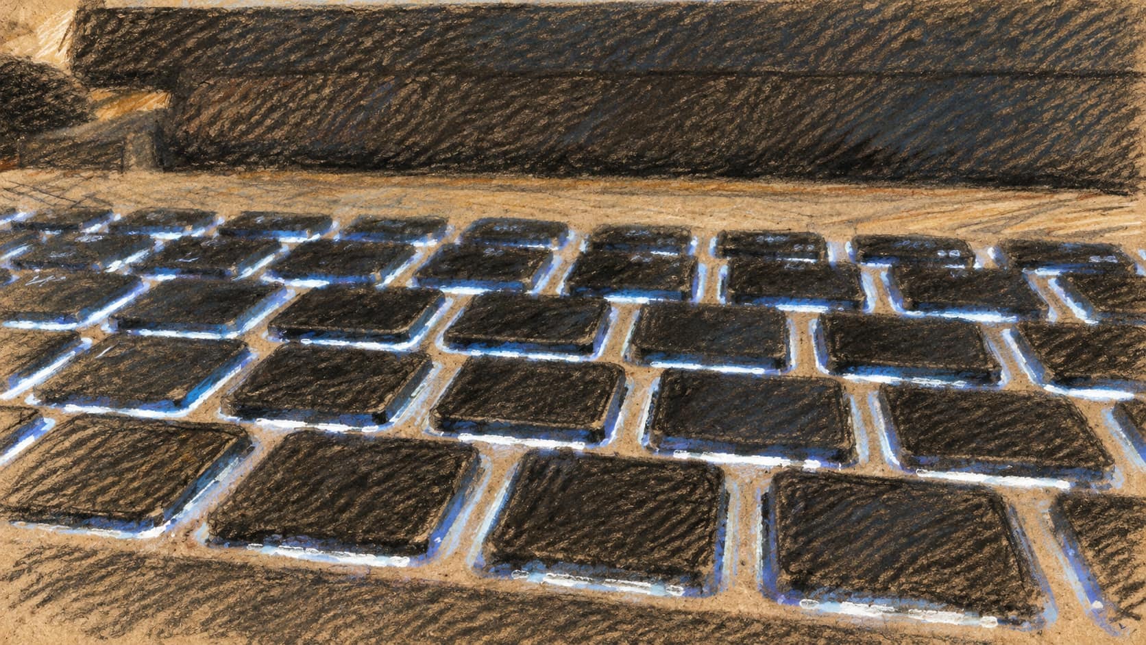 Courtroom-sketch editorial illustration of an archival April 2023 close-up of a backlit laptop keyboard; contextual technology object, not survey respondents or their workplace.