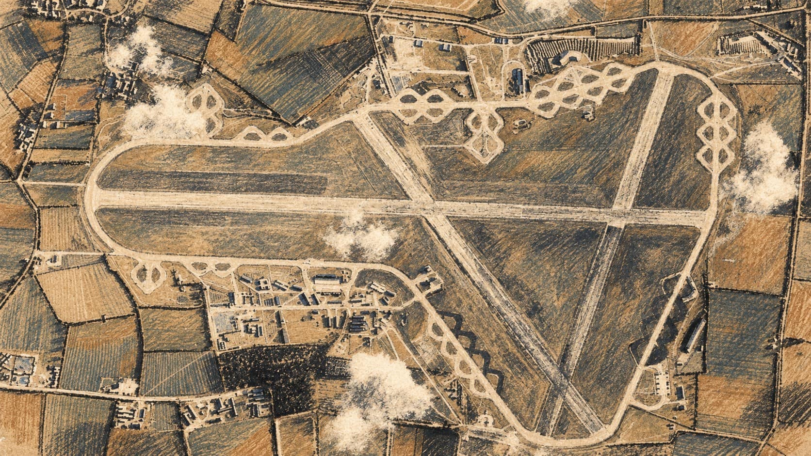 Courtroom-sketch editorial illustration of an archival 1943 aerial view of RAF Fairford, showing intersecting runways, perimeter taxiways, low buildings and surrounding fields; contextual setting rather than a depiction of the September 2026 incident.