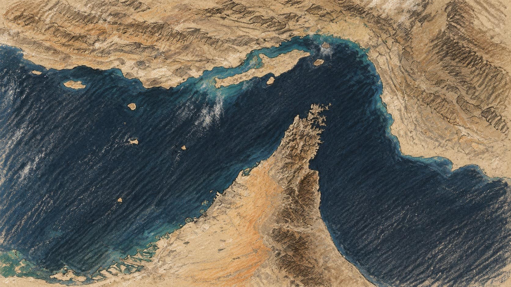 Courtroom-sketch editorial illustration of an archival satellite view of the Strait of Hormuz between Iran and the Arabian Peninsula, used for regional context.