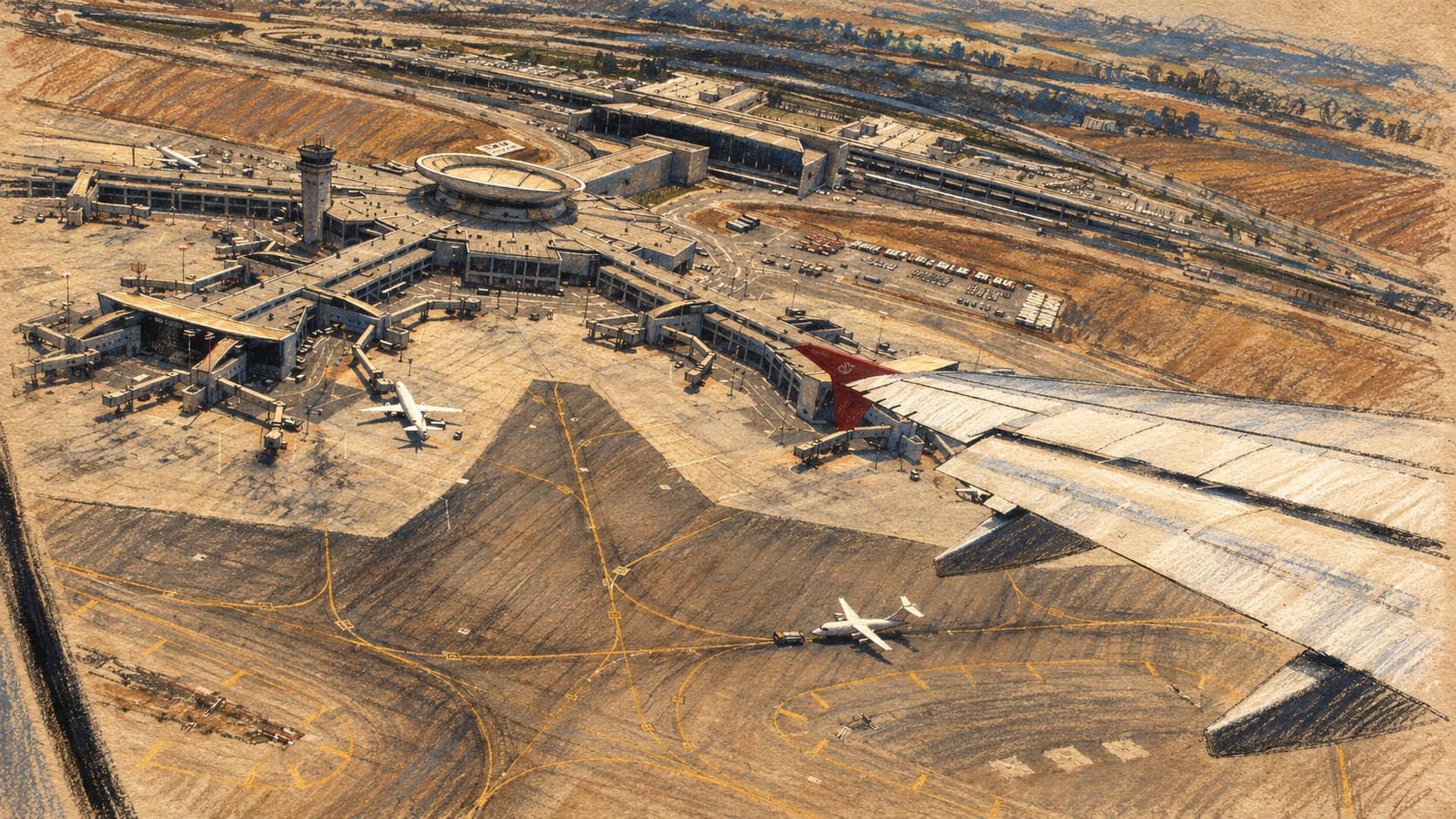 Courtroom-sketch editorial illustration of an archival aerial view of Ben Gurion Airport Terminal 3, its apron and taxiways, seen past an airplane wing; airport context, not the reported return flight.
