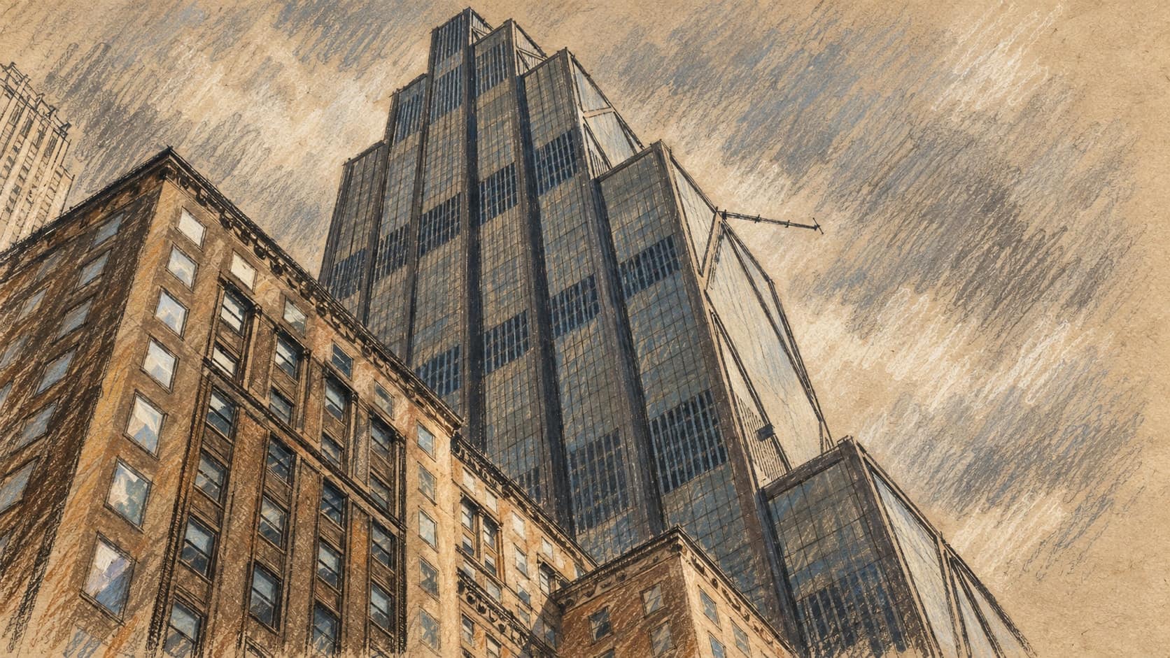 Courtroom-sketch editorial illustration of an archival July 2025 low-angle view of JPMorgan Chase headquarters at 270 Park Avenue in New York, with a stepped glass tower behind older stone office buildings beneath a cloudy sky, rendered in warm ochre and slate-blue pastel strokes; architectural context, not a depiction of the October 2026 earnings announcement.