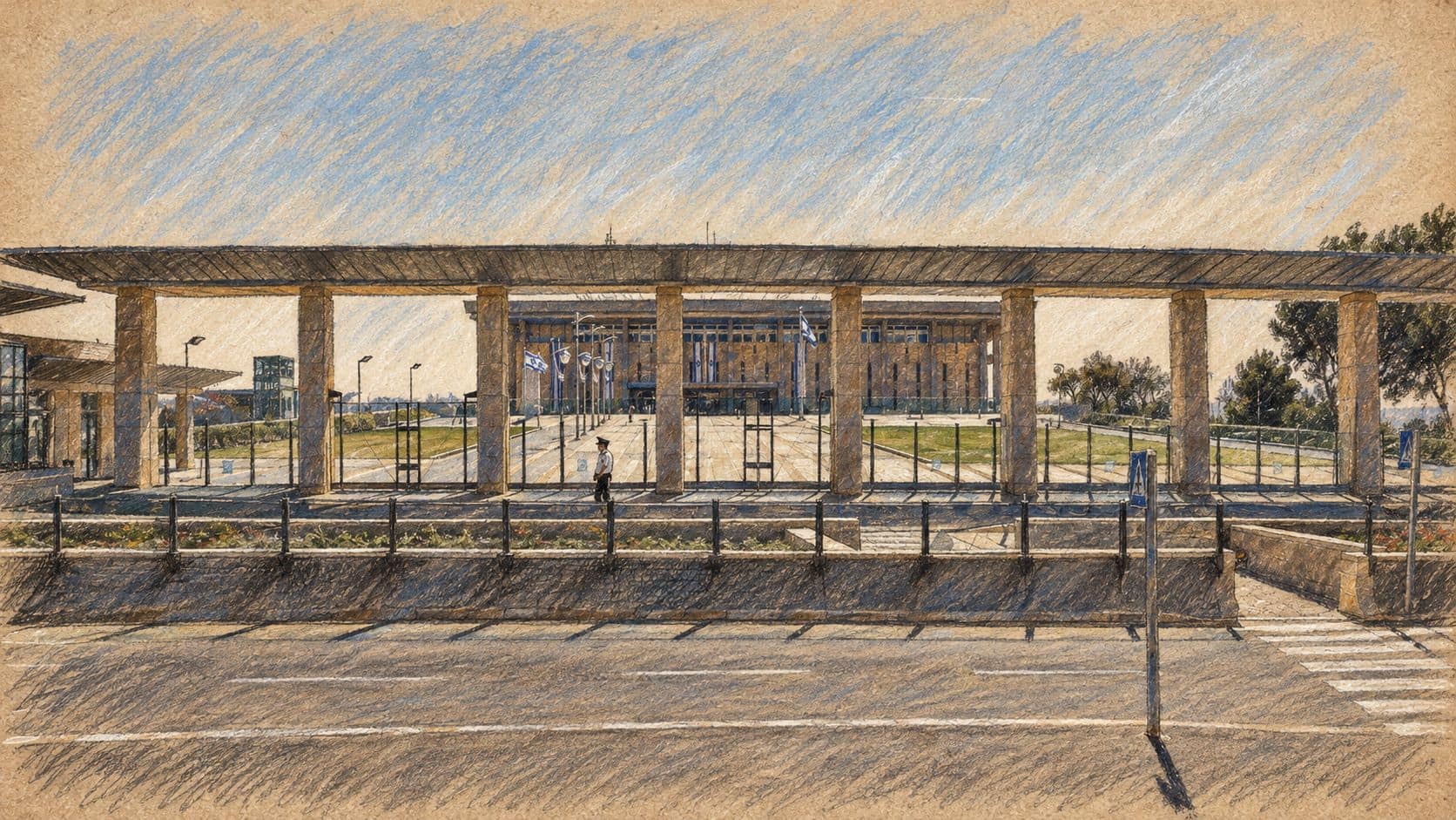 Courtroom-sketch editorial illustration of the archival Knesset exterior in Jerusalem, with a colonnaded entrance, fenced lawns and foreground street, used as institutional context for education-funding criticism.
