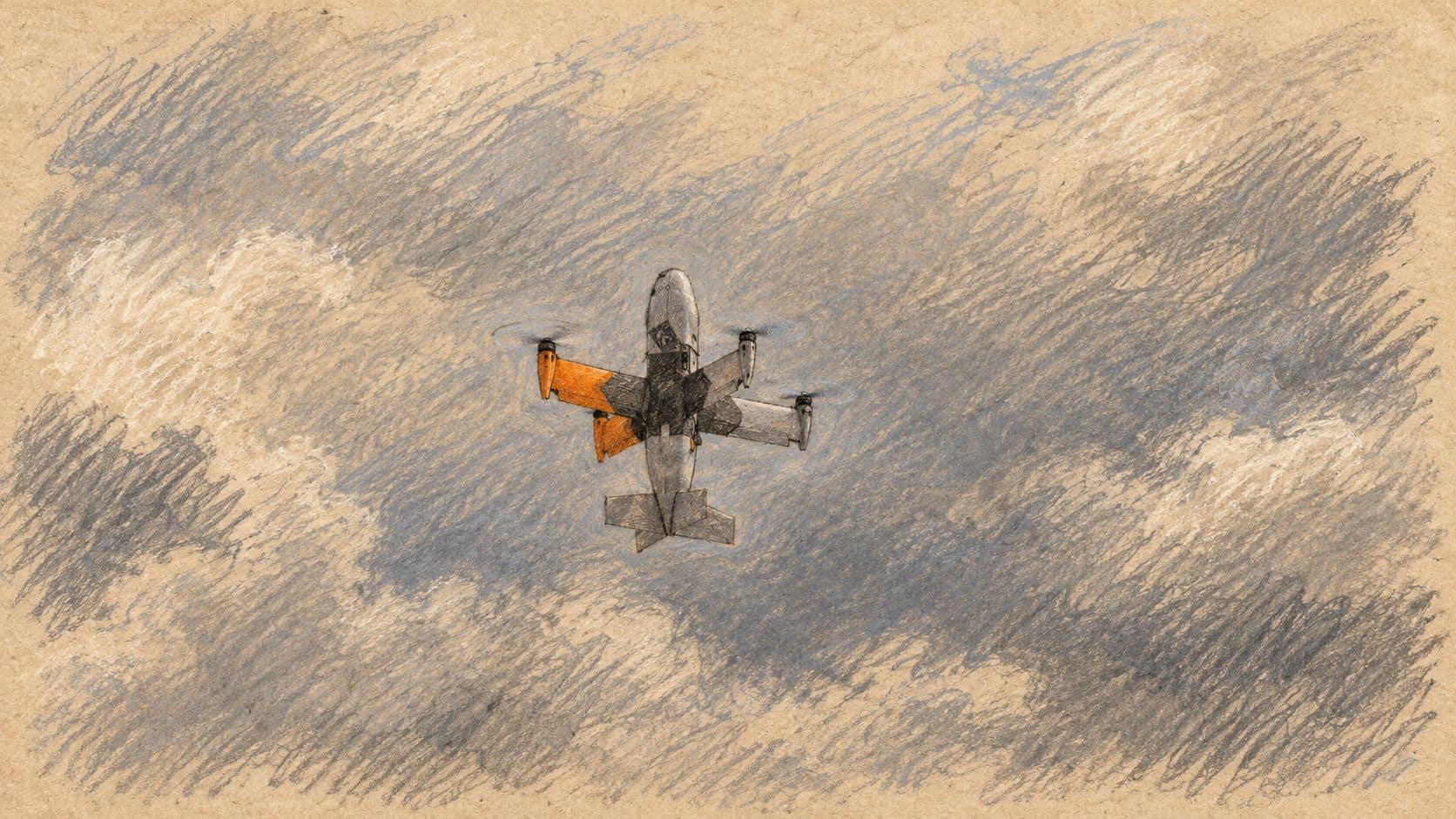Courtroom-sketch editorial illustration of a small drone in an archival U.S. training flight, used as general drone context