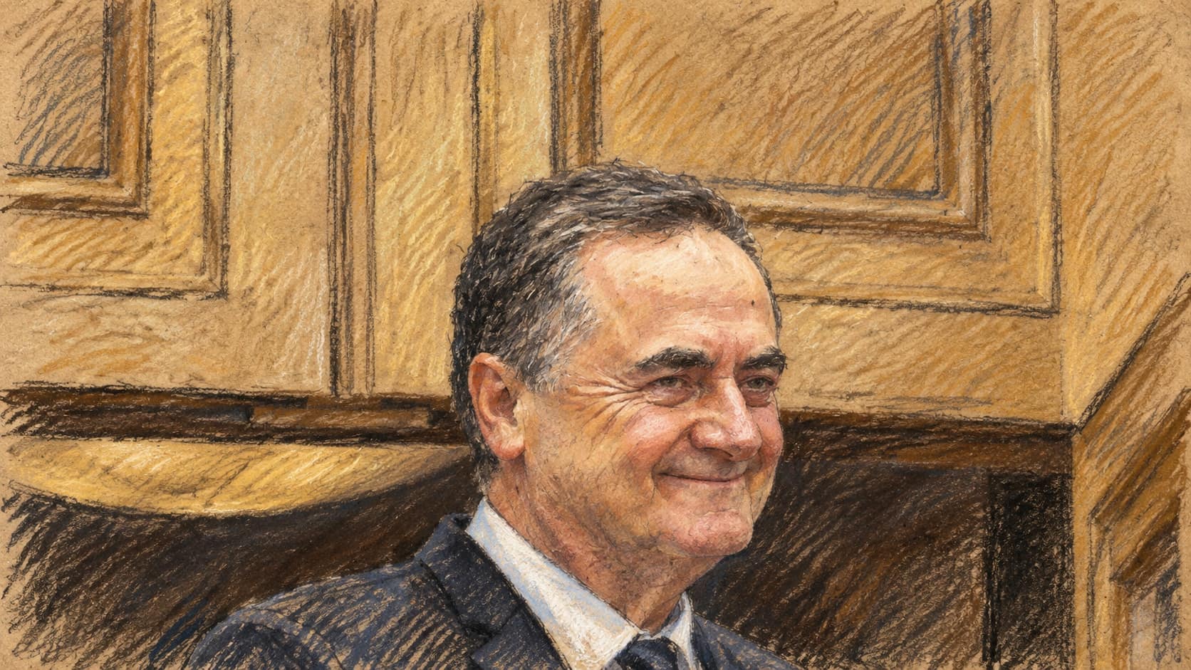 Courtroom-sketch editorial illustration of an archival July 2025 close-up portrait of Israel Katz before tan paneled doors; contextual portrait, not the October 2026 museum ceremony.