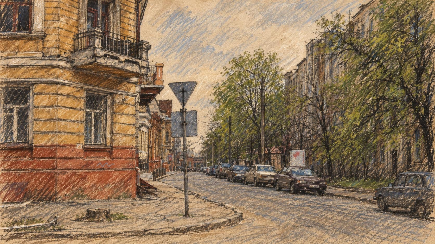 Courtroom-sketch editorial illustration of an archival April 2008 view of Darvin Street in Kharkiv, with buildings, trees and parked cars, rendered in warm ochre and slate-blue pastel strokes; contextual city scene, not the October 2026 strike.