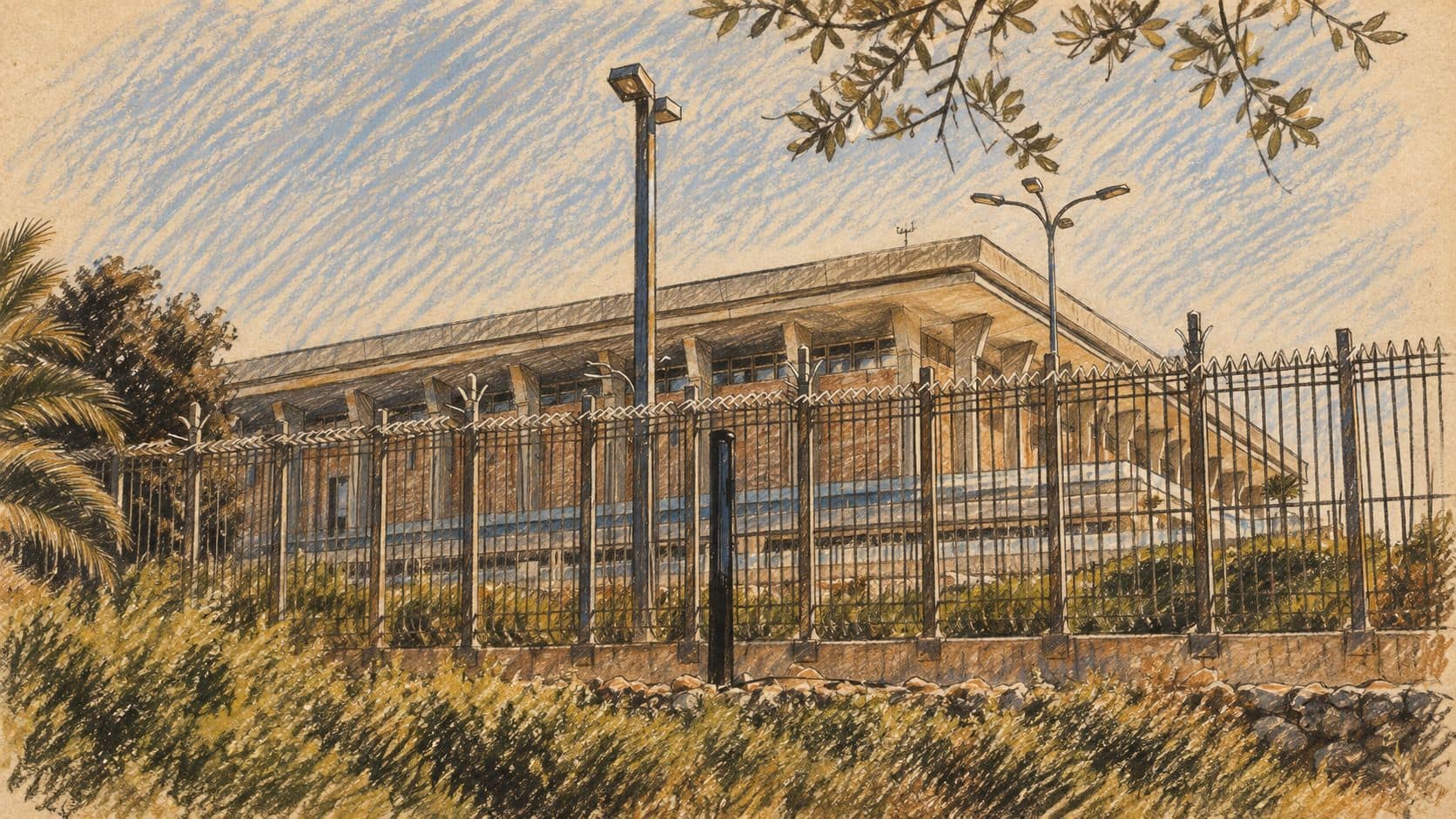 Courtroom-sketch editorial illustration of an archival exterior view of the Knesset building behind its perimeter fence, providing context for an Israeli political statement.
