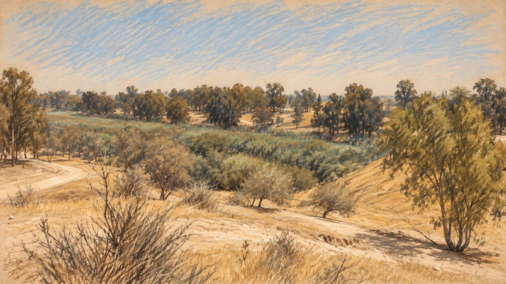 Courtroom-sketch editorial illustration of an archival Gerar Stream landscape in Gerar Park, with reed-filled channel, dry banks, trees and dirt paths, providing regional stream context