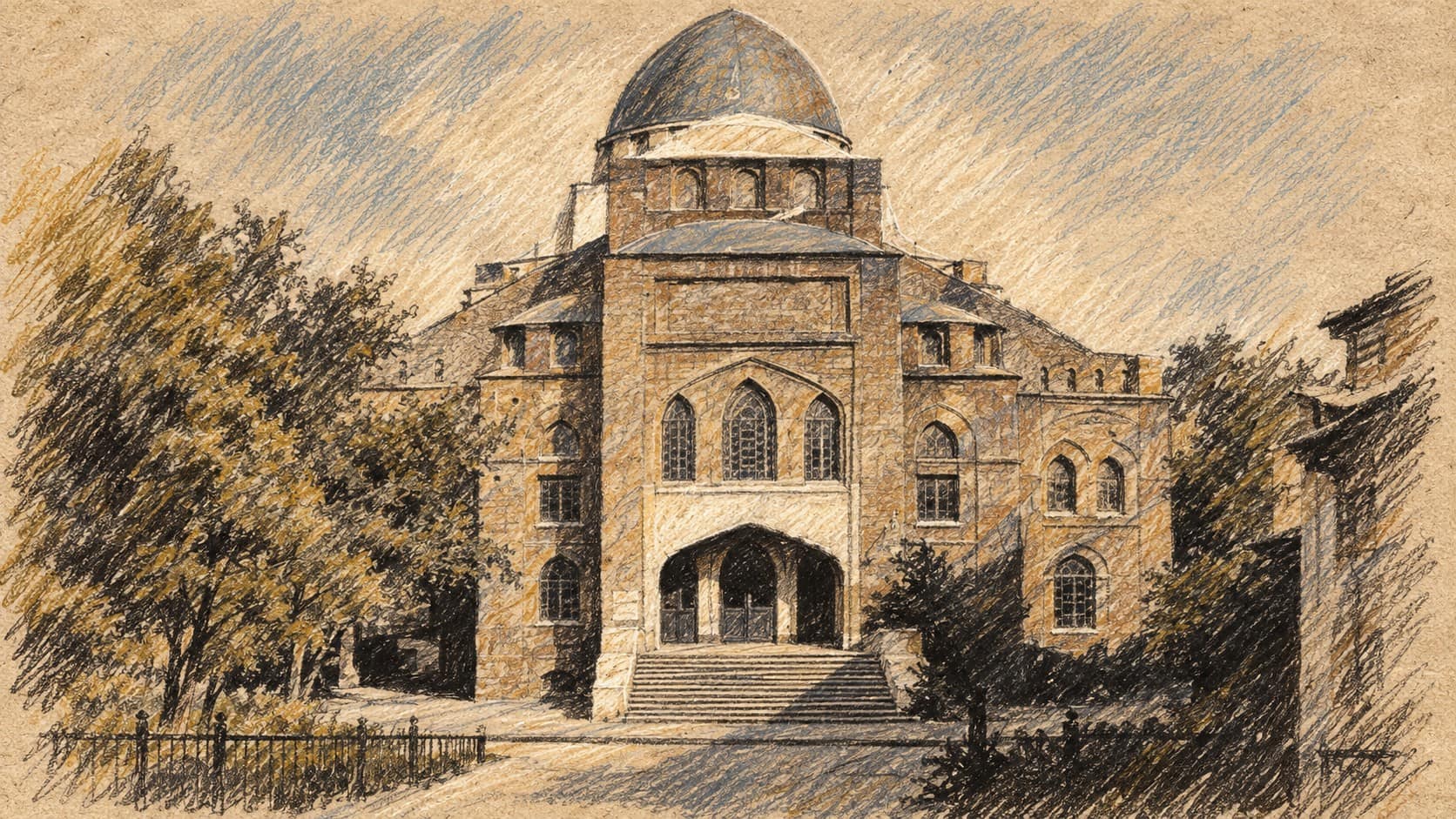 Courtroom-sketch editorial illustration of an archival exterior view of Kharkiv Choral Synagogue, providing historical context for the city's Jewish community