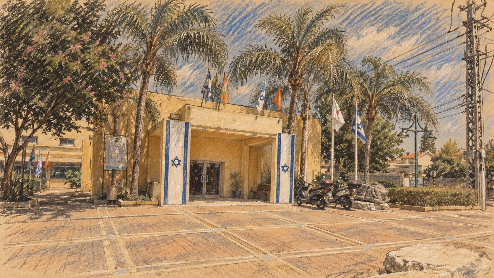 Courtroom-sketch editorial illustration of an archival view of Ness Ziona's Yad la-Banim building and palm-lined plaza, providing city context for the planned seniors' festival