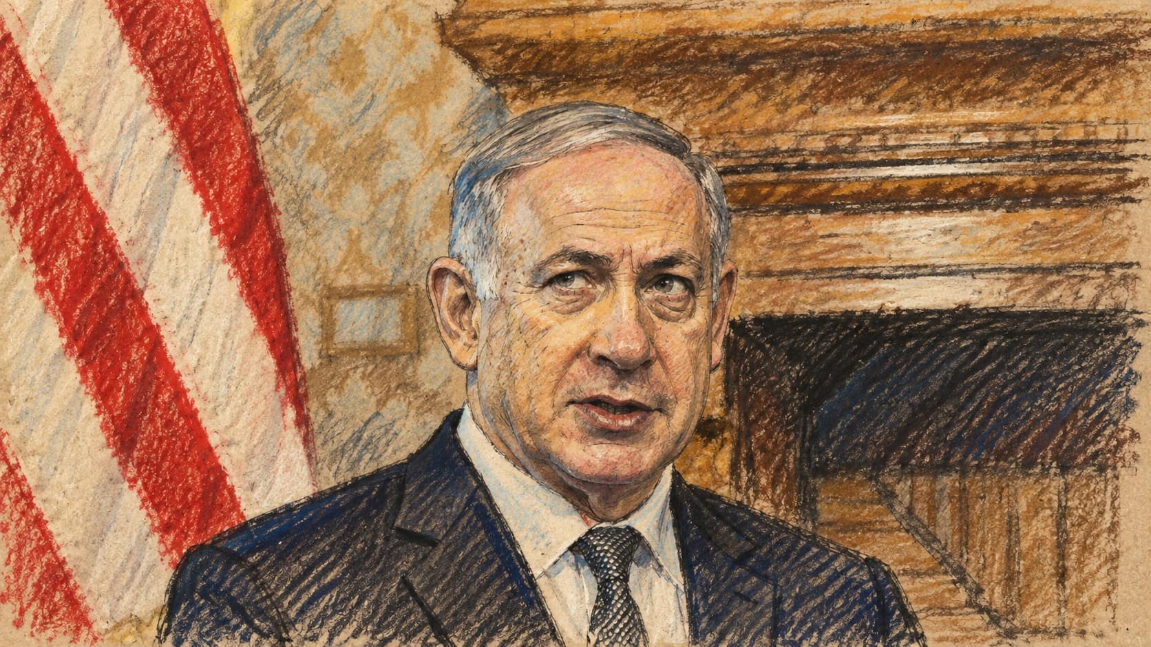 Courtroom-sketch editorial illustration of an archival 2016 portrait of Benjamin Netanyahu beside part of a national flag and a fireplace; contextual imagery.