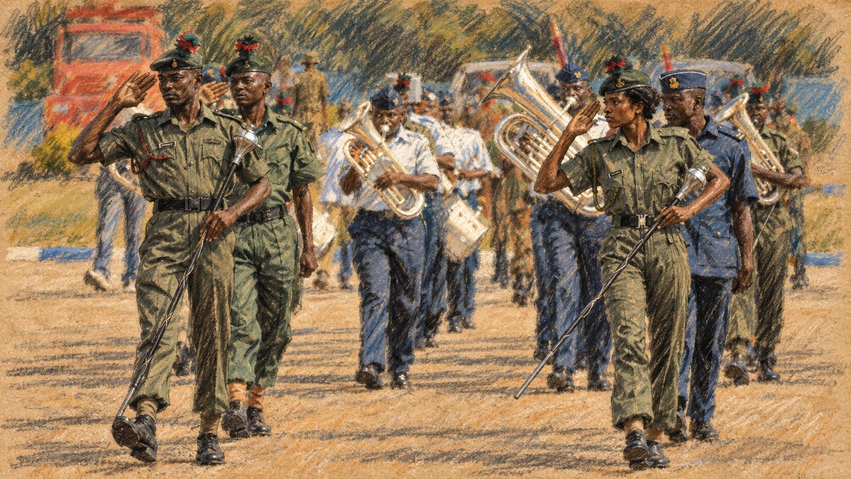 Courtroom-sketch editorial illustration of an archival Nigerian military band marching at Nigerian Air Force Base in Abuja in July 2008, with two saluting uniformed marchers and brass musicians, rendered in warm ochre and slate-blue pastel strokes; contextual military scene, not a depiction of retirees or the October 2026 pension protest.