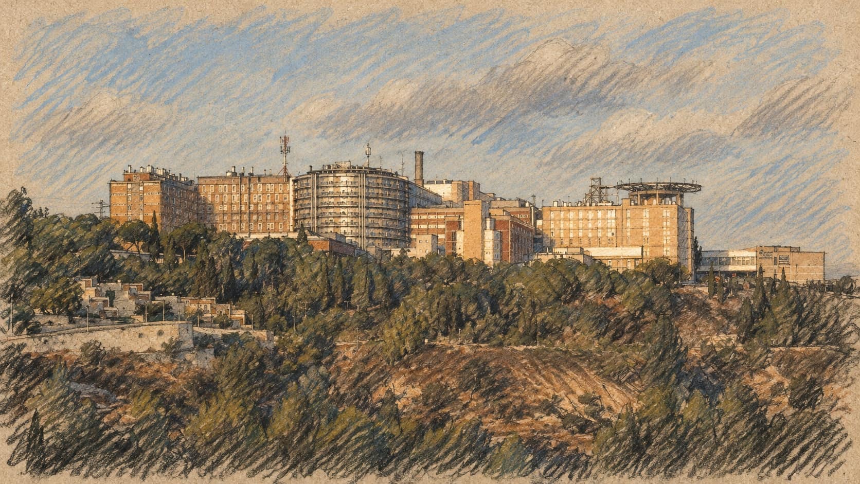 Courtroom-sketch editorial illustration of an archival exterior view of Hadassah Ein Kerem hospital buildings on a wooded Jerusalem hillside; contextual hospital view, without patients or the daycare incident.