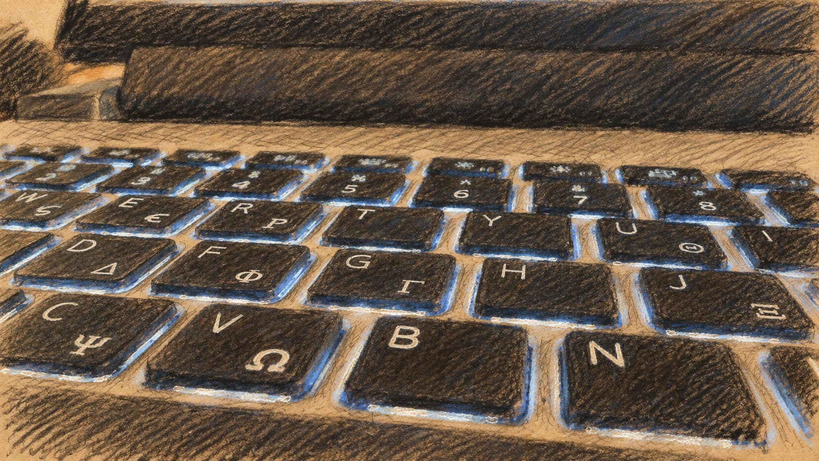 Courtroom-sketch editorial illustration of a close-up laptop keyboard, used as archival computing context for an unconfirmed cybersecurity warning