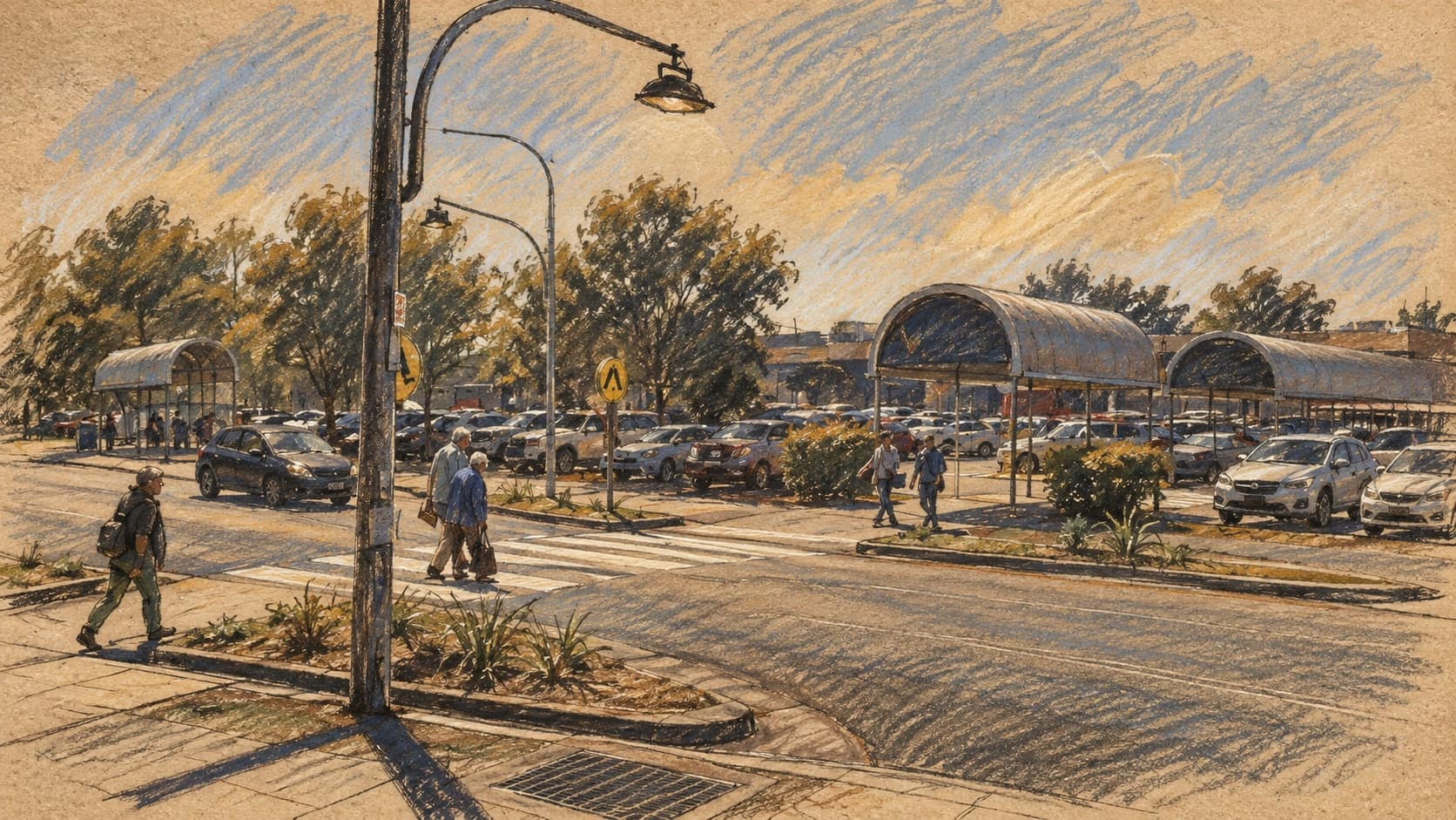 Courtroom-sketch editorial illustration of an October 2026 street view outside Wallsend Village shopping centre, with pedestrians at a crossing, parked cars, a tall street lamp and shopping buildings; geographic context, not a depiction of the crowd crash or the accused driver, rendered in warm ochre and slate-blue pastel strokes.