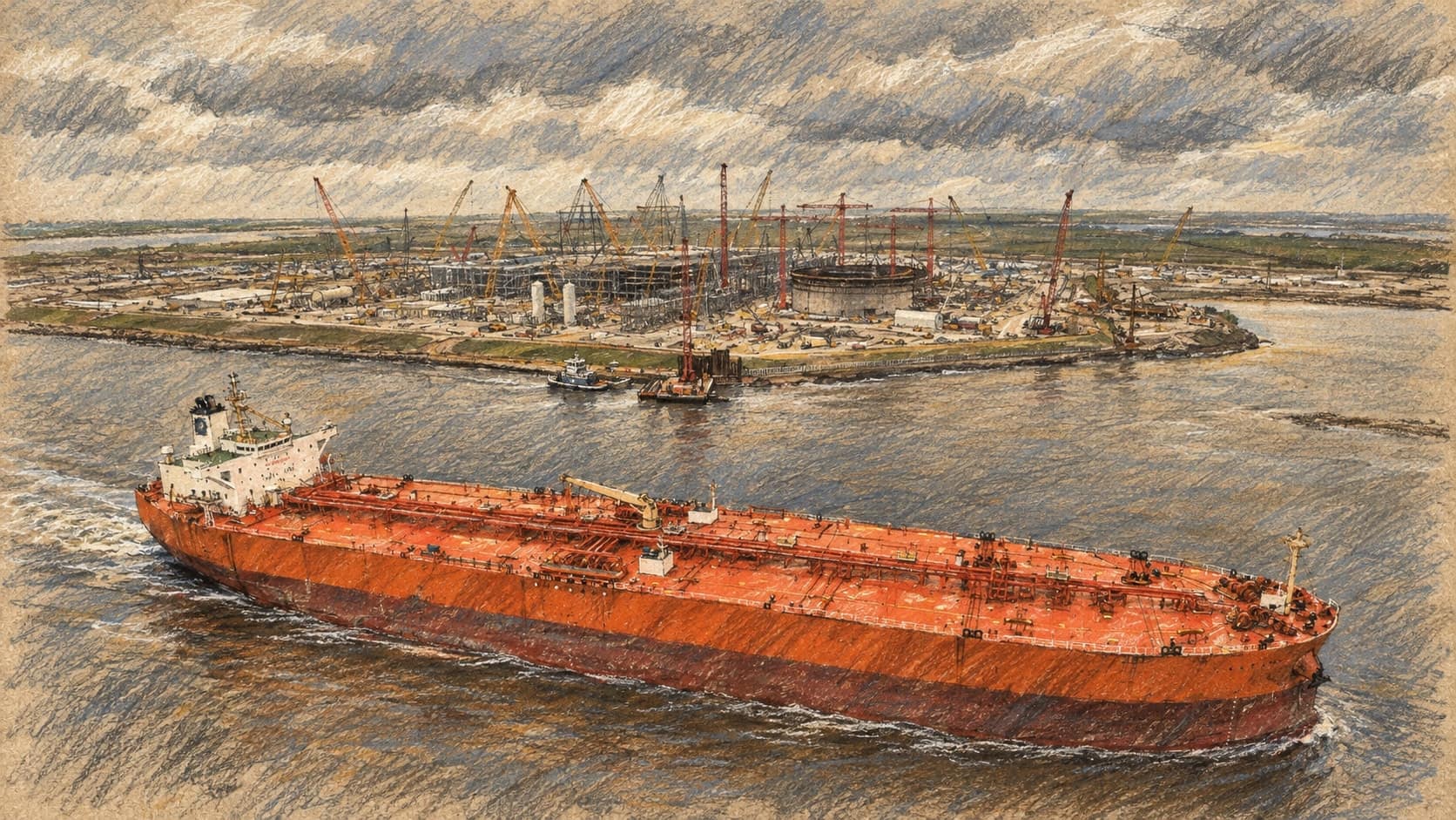 Courtroom-sketch editorial illustration of the crude-oil tanker Eagle Kinabalu on a waterway at Port Arthur, Texas, based on an archival April 2025 photograph, rendered in warm ochre and slate-blue pastel strokes.