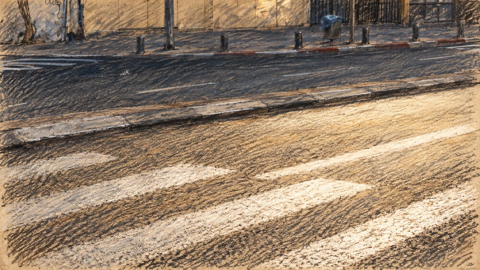 Courtroom-sketch editorial illustration of an archival Tel Aviv zebra crossing with diagonal white stripes on asphalt, a curb and shaded sidewalk; contextual street scene, not the reported Holon collision