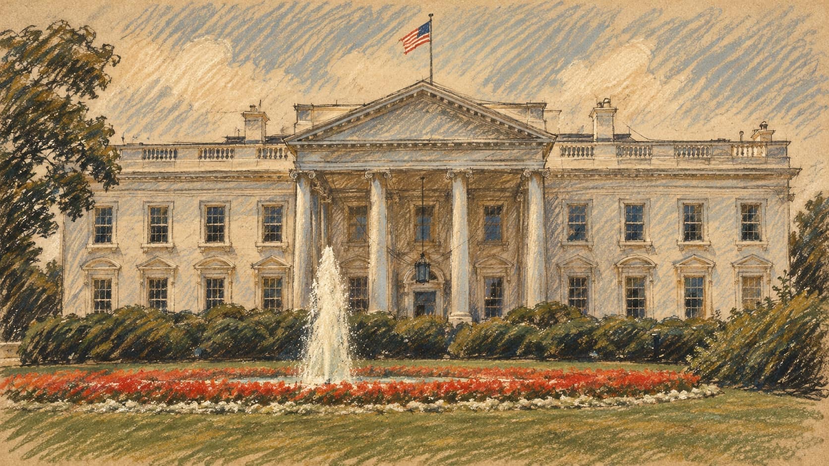 Courtroom-sketch editorial illustration of an archival view of the White House north facade, fountain and gardens, providing Washington context for the visit expense disclosure