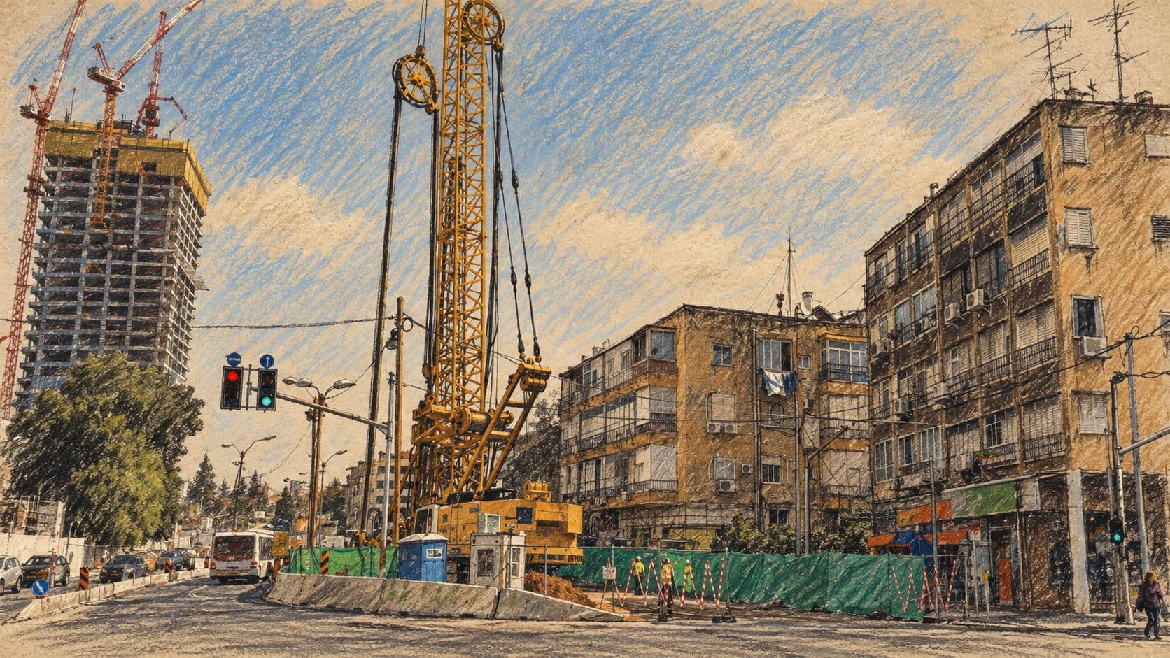 Courtroom-sketch editorial illustration of archival 2018 construction at Ben Gurion light-rail station in Bnei Brak, providing Red Line infrastructure context; it does not depict Aharonovich station or the arrest.