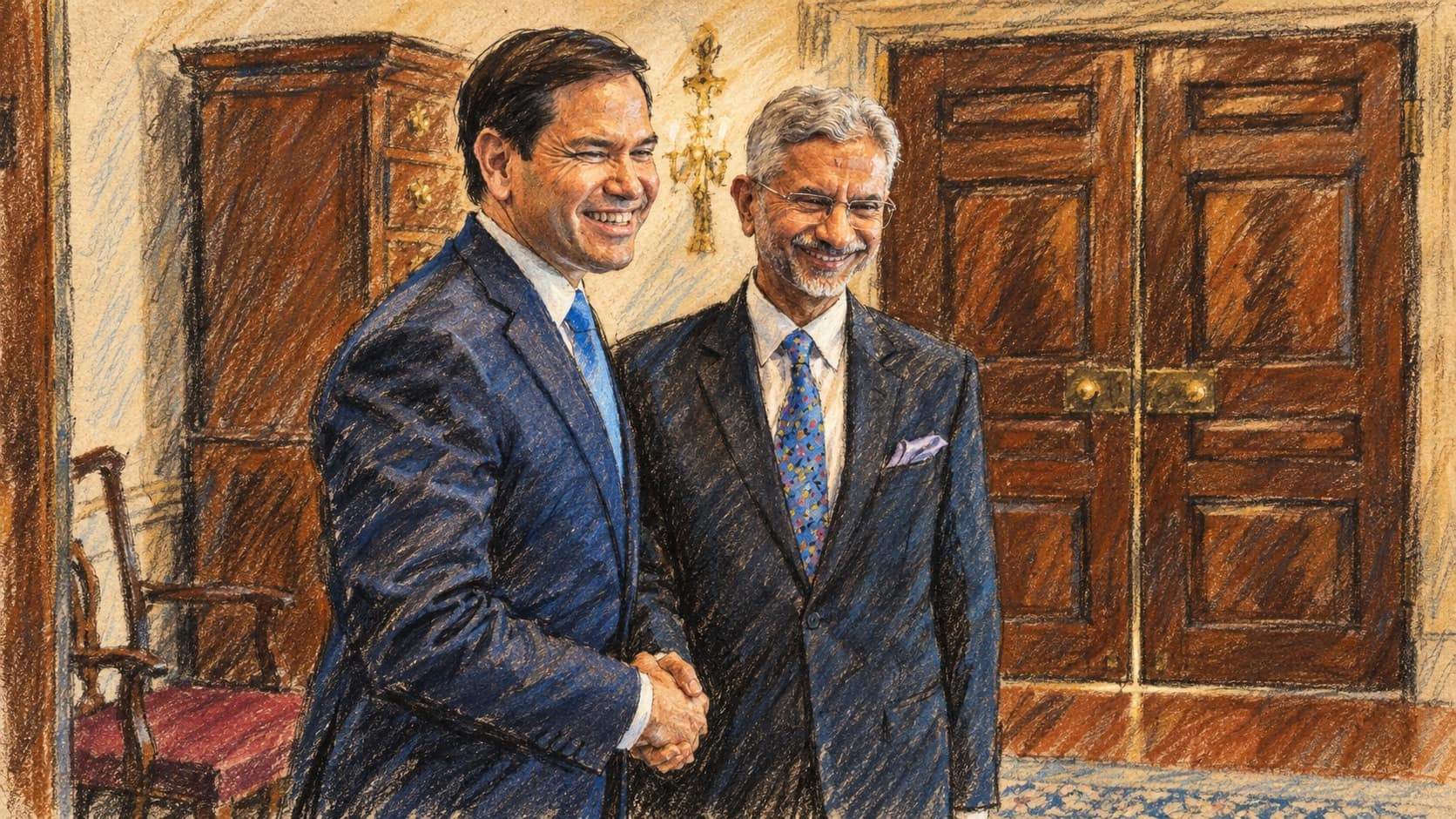 Courtroom-sketch editorial illustration of Marco Rubio and Subrahmanyam Jaishankar shaking hands during an archival July 2025 State Department meeting, rendered in warm ochre and slate-blue pastel strokes.