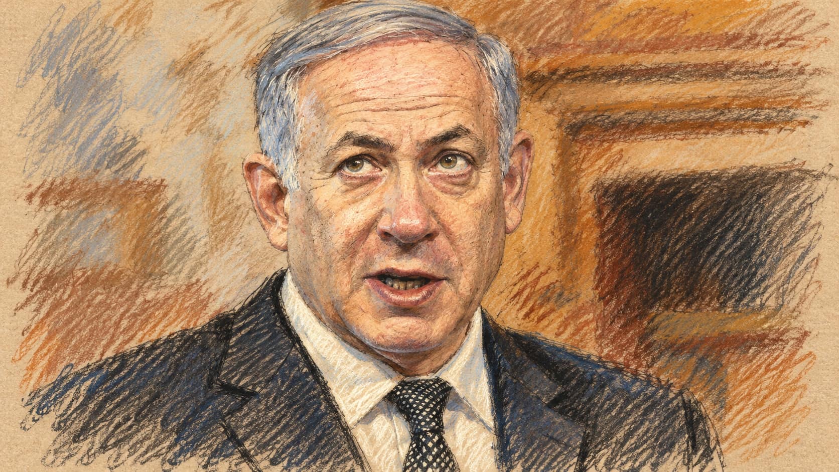 Courtroom-sketch editorial illustration of an archival portrait of Benjamin Netanyahu in a dark suit, white shirt and patterned tie against a warm interior; contextual portrait, not a depiction of Shaul Meridor's new statement.