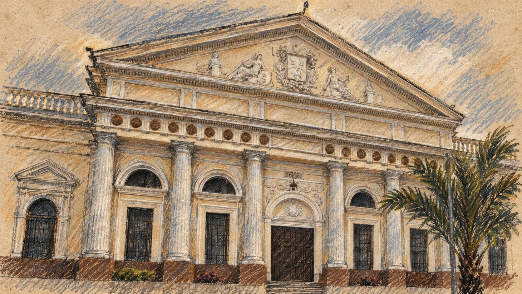 Courtroom-sketch editorial illustration of an archival 2014 exterior view of the Palacio Federal Legislativo in Caracas, with its neoclassical facade, columns and a palm tree; institutional context, not a depiction of the October 2026 nomination process, rendered in warm ochre and slate-blue pastel strokes.