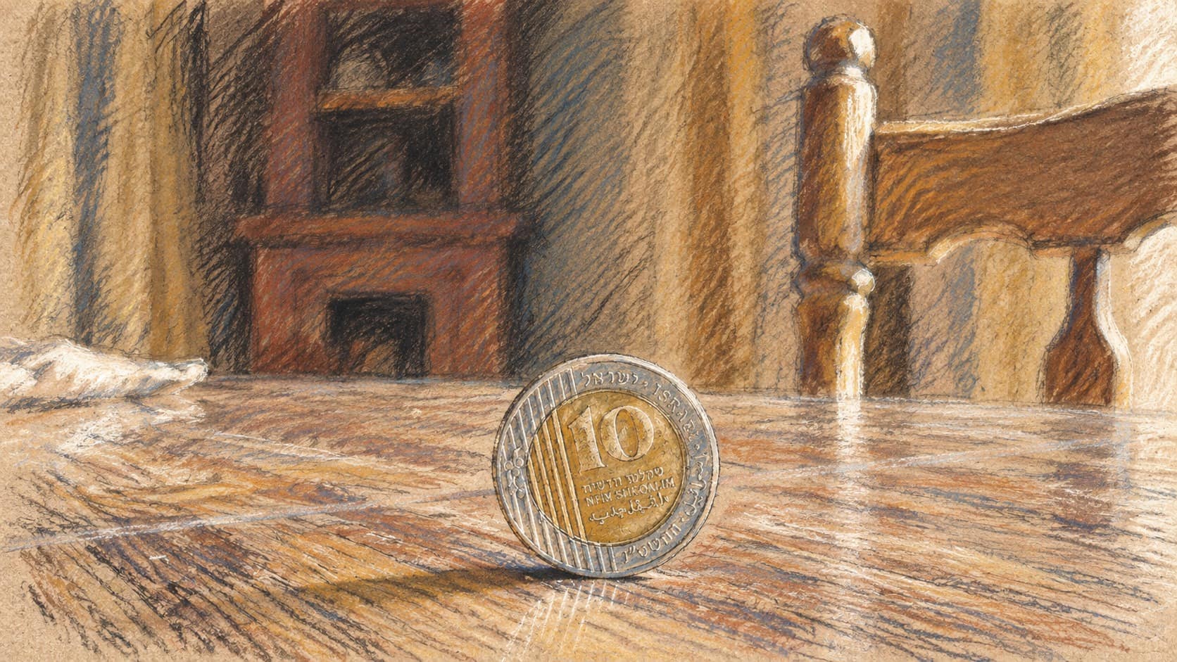 Courtroom-sketch editorial illustration of an Israeli ten-shekel coin standing on its edge on a wooden table; contextual currency image for an investor survey