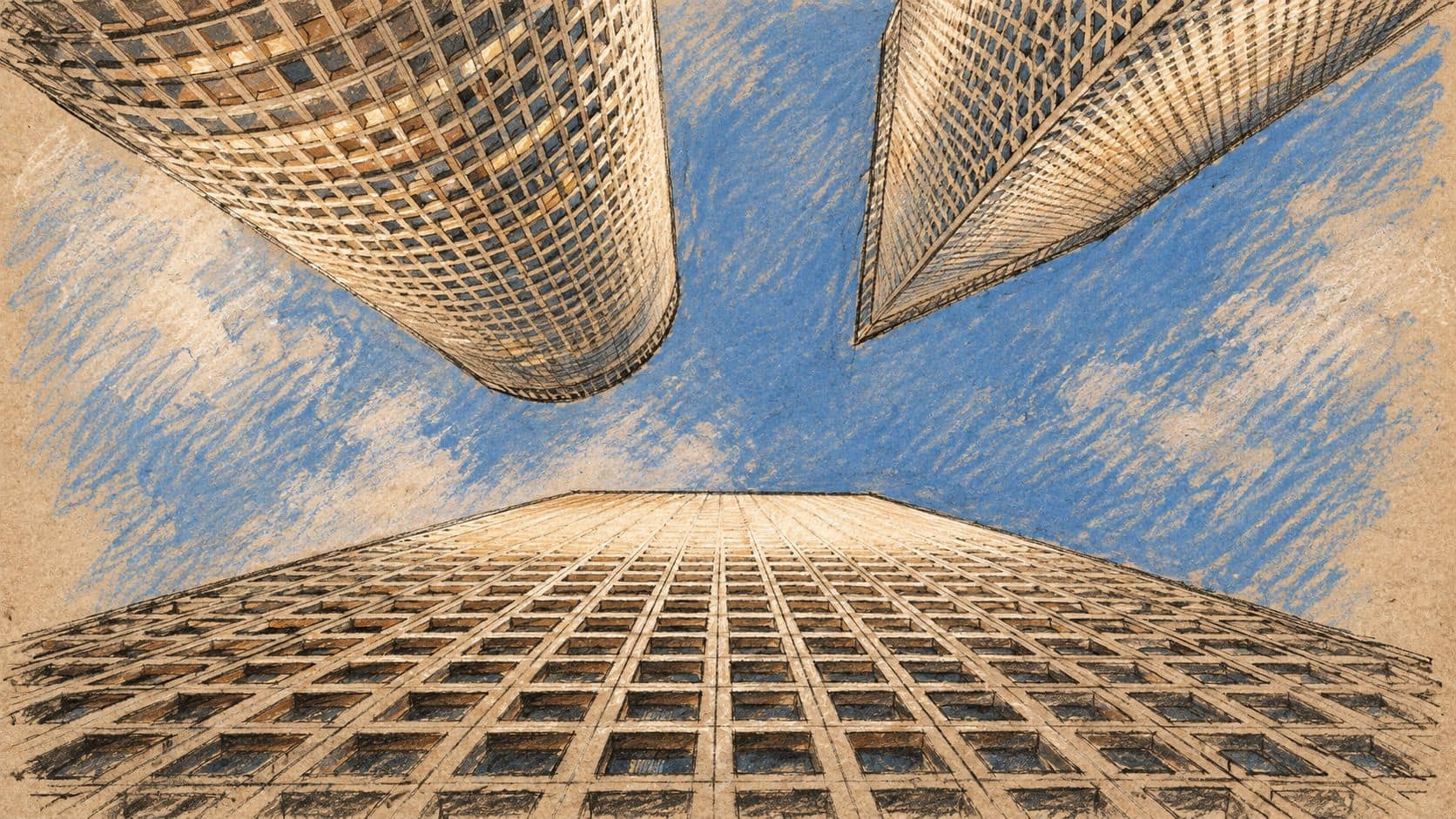 Courtroom-sketch editorial illustration of an archival upward-looking view between Tel Aviv's three existing Azrieli Center towers; contextual architecture for the Spiral Tower planning proposal.