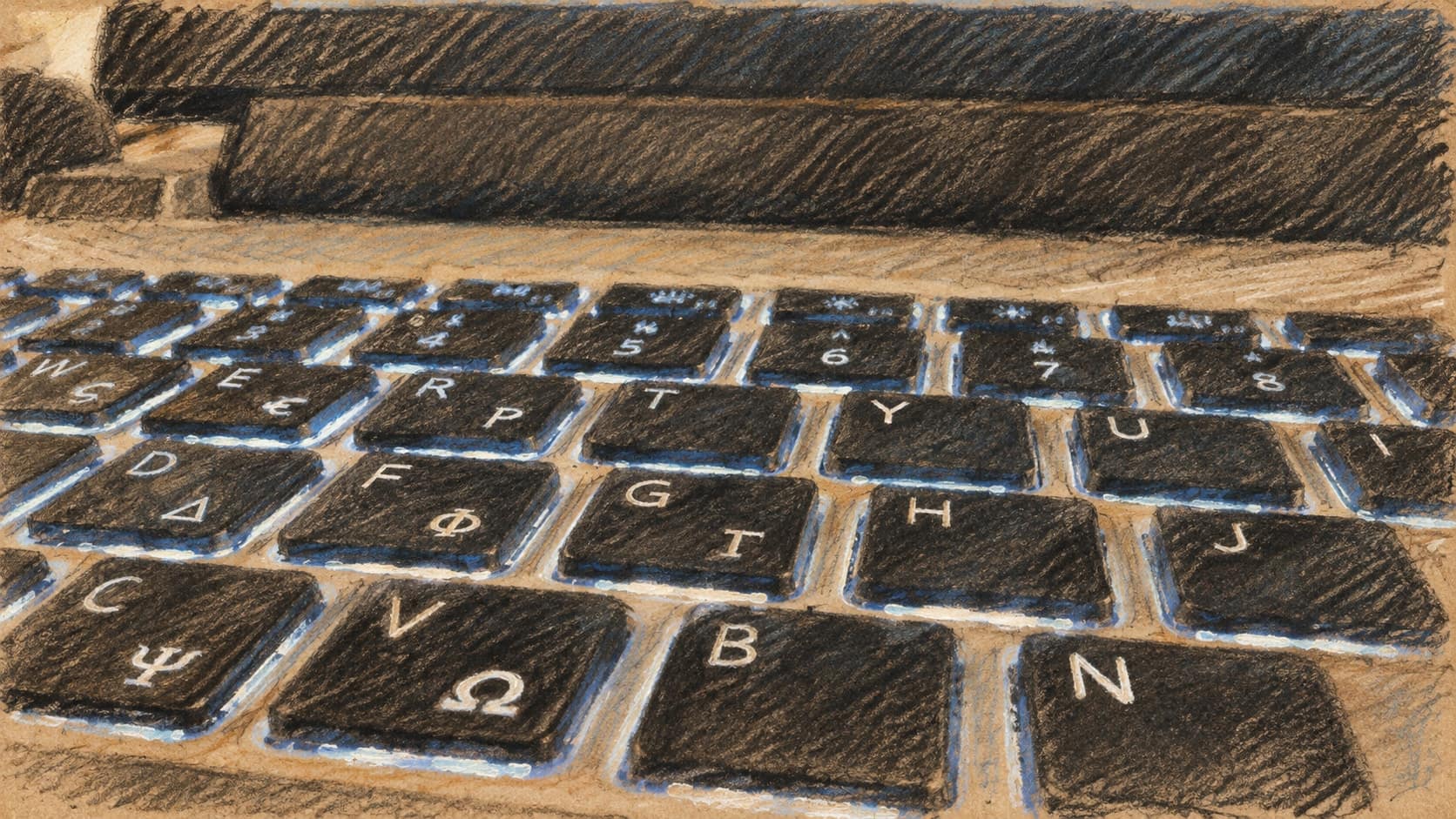 Courtroom-sketch editorial illustration of an archival laptop-keyboard close-up used as context for remote IT work, rendered in warm ochre and slate-blue pastel strokes; it does not depict the arrests or seized devices.