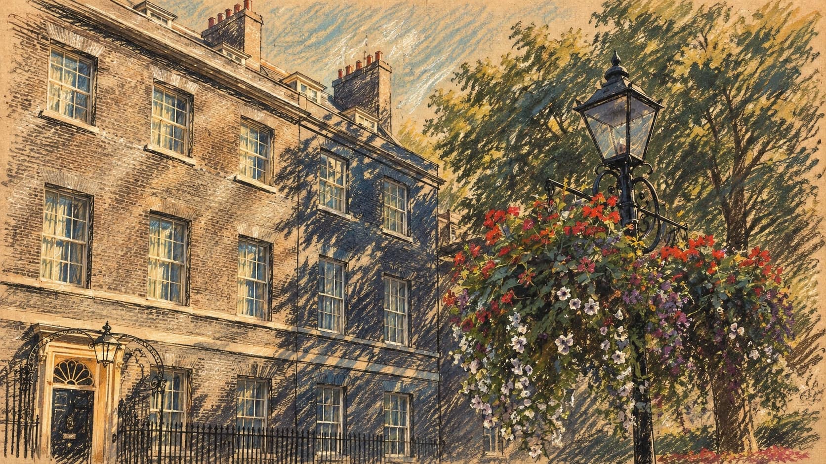 Courtroom-sketch editorial illustration of an archival 2017 exterior view of 10 Downing Street, with its brick facade and black front door beside a street lamp, hanging flowers and leafy trees; contextual location, not a depiction of the announced 2026 visit, rendered in warm ochre and slate-blue pastel strokes.