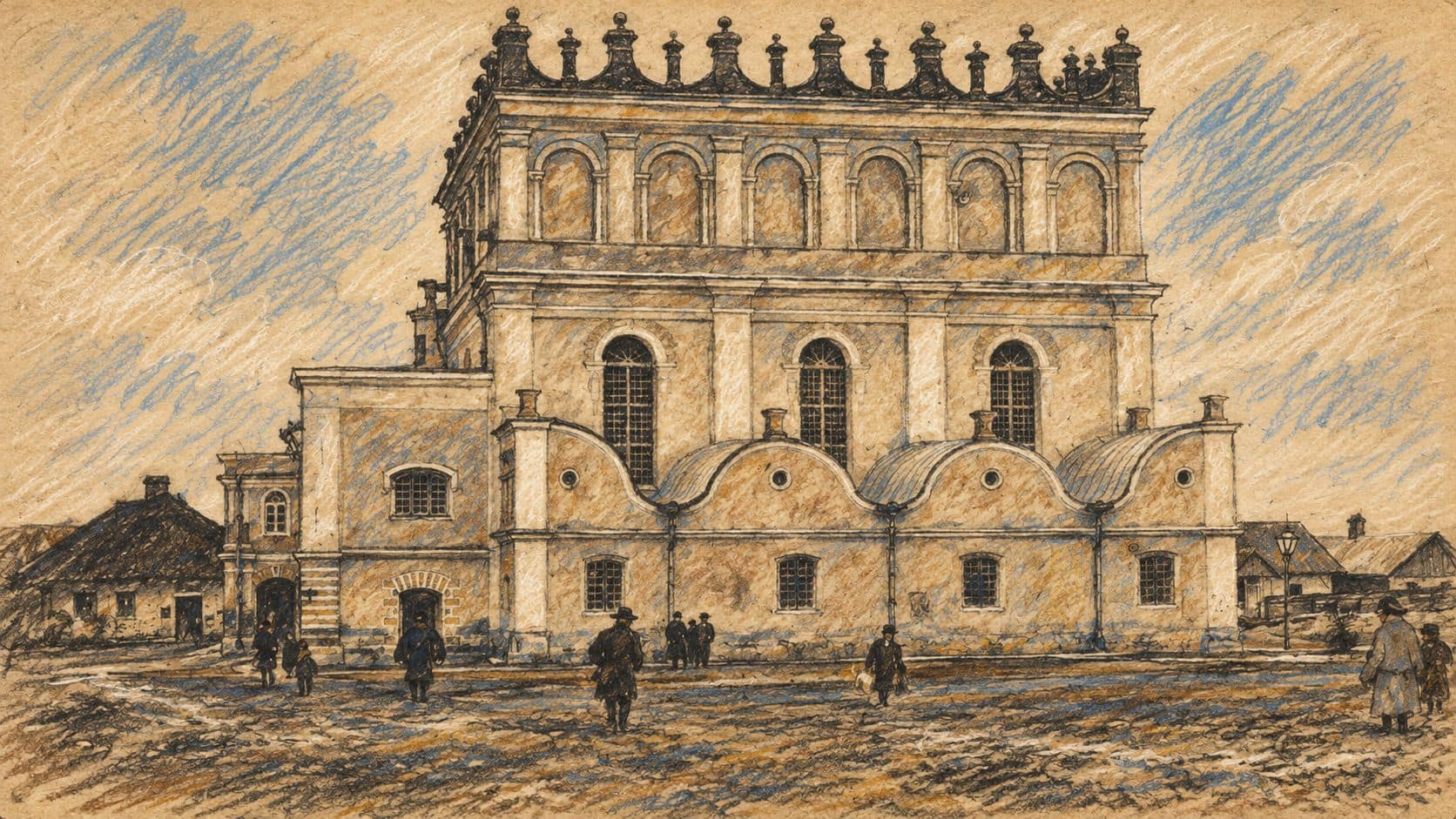 Courtroom-sketch editorial illustration of the historic Great Synagogue in Belz, based on a 1900 postcard; archival Hasidic community context, not the reported signing event