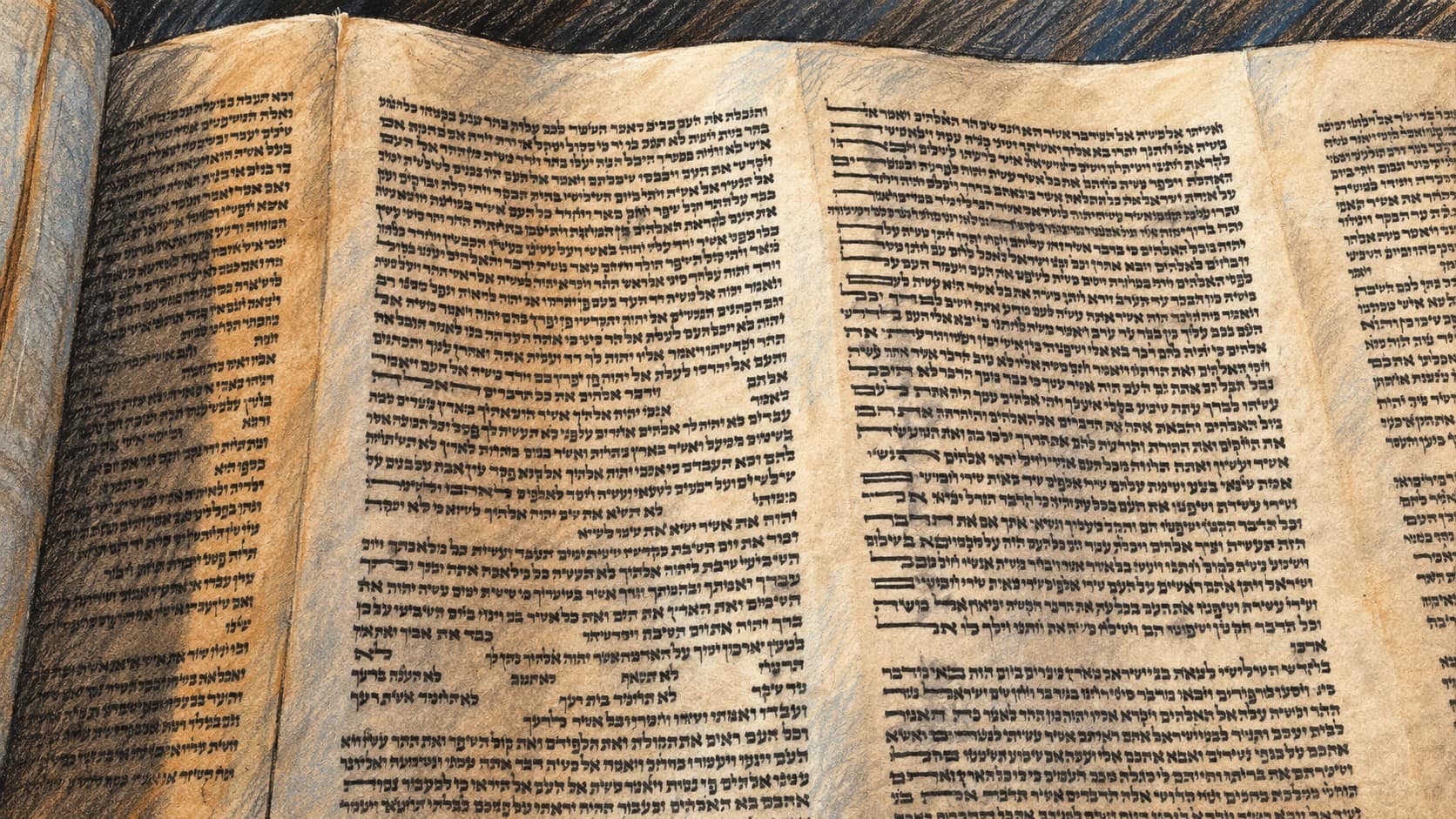 Courtroom-sketch editorial illustration of an archival Torah scroll close-up, providing context for Torah study and rabbinic respect