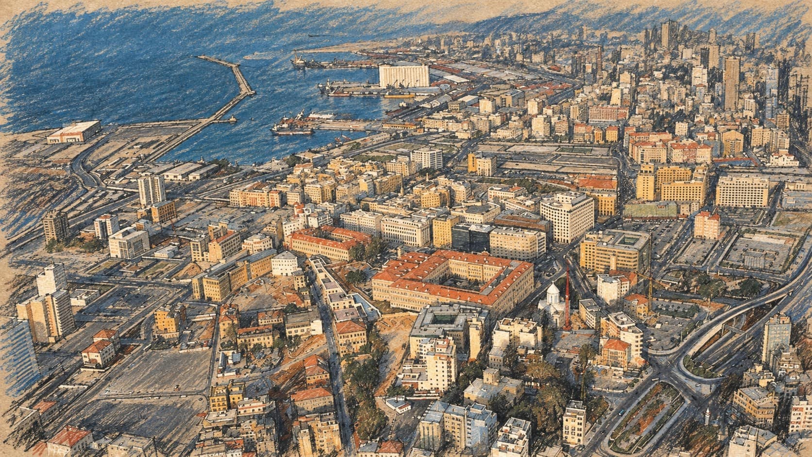 Courtroom-sketch editorial illustration of an archival 2005 aerial view of Beirut city and harbor, used as Lebanese context rather than a depiction of the reported explosives inquiries