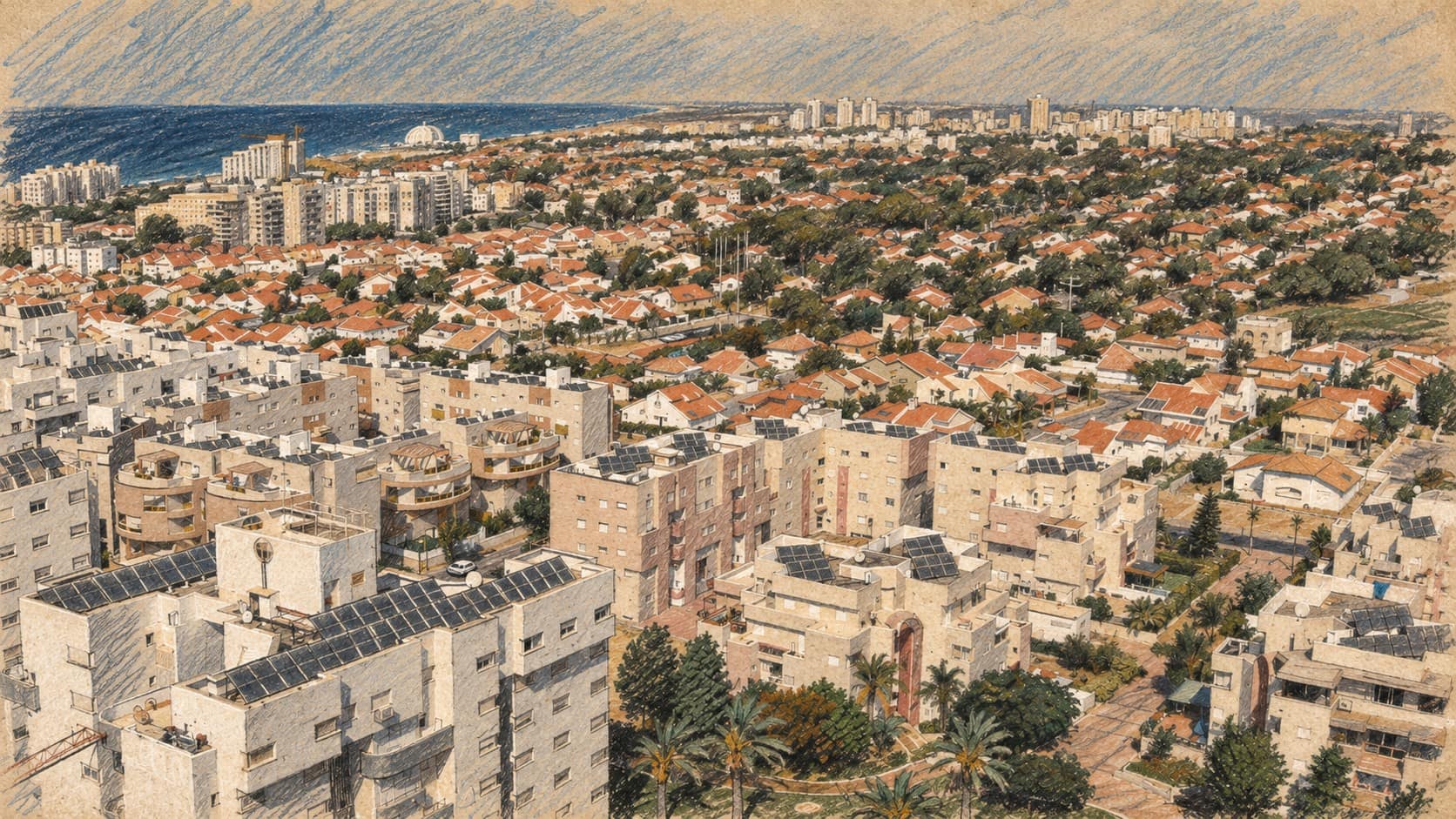Courtroom-sketch editorial illustration of Ashkelon apartment buildings, red-roofed homes and trees along the Mediterranean coast, based on an archival 2007 city panorama; contextual city imagery, not the council meeting.